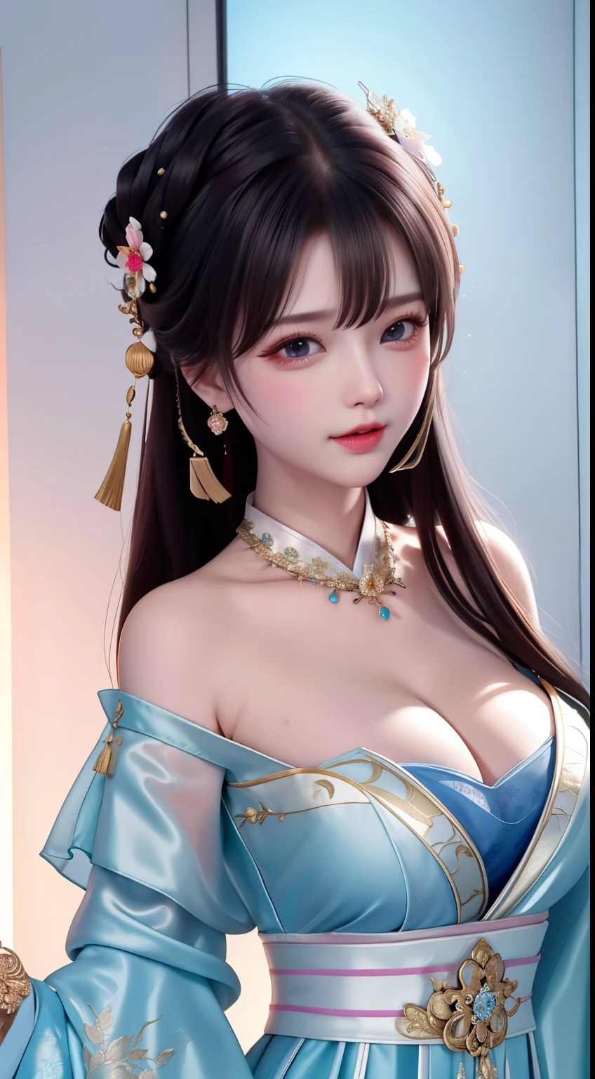 best quality, masterpiece, highres, 1girl,china dress,hair ornament,necklace, jewelry,Beautiful face,upon_body, tyndall effect,photorealistic, dark studio, rim lighting, two tone lighting,(high detailed skin:1.2), 8k uhd, dslr, soft lighting, high quality, volumetric lighting, candid, Photograph, high resolution, 4k, 8k, Bokeh, Wet-breasted Hanfu open V-chested clothes, All pictures, Wet body of thin silk fabric, Thin silk lace petticoat,princess 10 yeald old cute, (huge ，cleavage),petticoat, white pink, blue ，best qualtiy，tmasterpiece，Ultra-high resolution，（Reality：1.4），RAW photogr，（True skin texture：1.3），（filmgrain：1.3），（Selfie angle），1个Giant Breast Girl，Beautiful eye and face details，tmasterpiece，Best quality at best，exposing thighs，Bigchest，The chest is more exposed, pattern on fabric