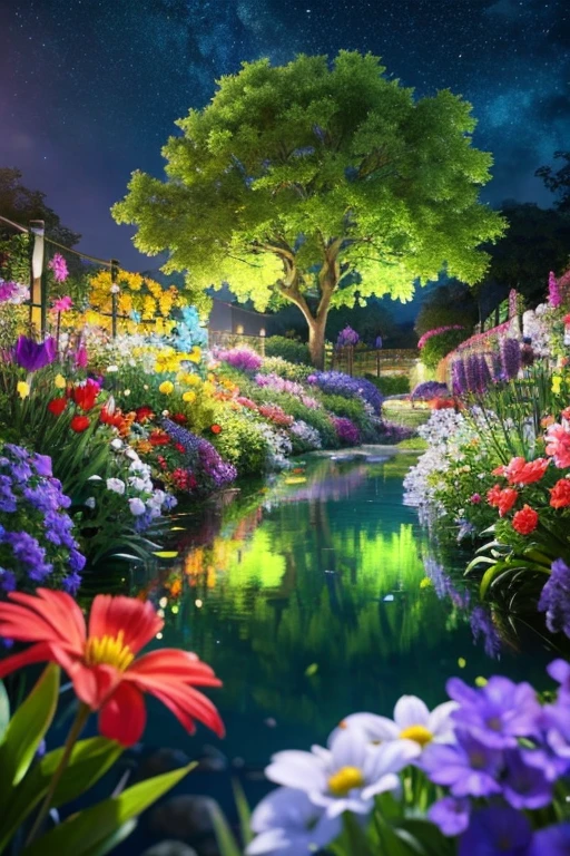 masterpiece, 最high quality, high quality, Very detailed cg unity 8k wallpaper, With vibrant colors and a bright night sky、an extremely colorful and pure fantasy environment, Star-filled sky, Bright green grass landscape, colorful trees々, Shining Fruit, Bright and shiny blue flower. The stream is a deep black color, The air is filled with sweet exotic scents. The environment looks like something out of a dream, Glowing butterflies and giant colorful birds fly around, Award-winning photography, Bokeh, Depth of written boundary, High resolution, bloom, chromatic aberration ,Realistic,Very detailed, Trending on Artstation, Trending on CGSociety, Complex, Attention to detail, dramatic, art:Mid Journey