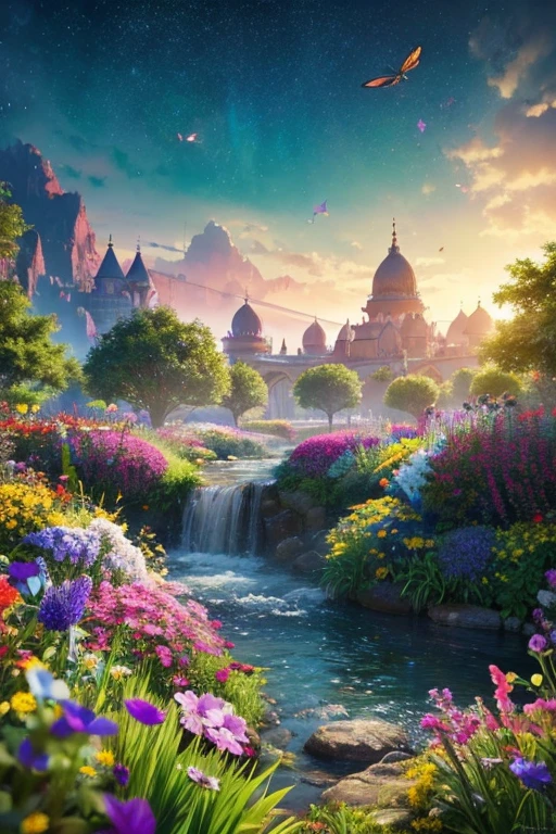 masterpiece, 最high quality, high quality, Very detailed cg unity 8k wallpaper, With vibrant colors and a bright night sky、an extremely colorful and pure fantasy environment, Star-filled sky, Bright green grass landscape, colorful trees々, Shining Fruit, Bright and shiny blue flower. The stream is a deep black color, The air is filled with sweet exotic scents. The environment looks like something out of a dream, Glowing butterflies and giant colorful birds fly around, Award-winning photography, Bokeh, Depth of written boundary, High resolution, bloom, chromatic aberration ,Realistic,Very detailed, Trending on Artstation, Trending on CGSociety, Complex, Attention to detail, dramatic, art：Mid Journey
