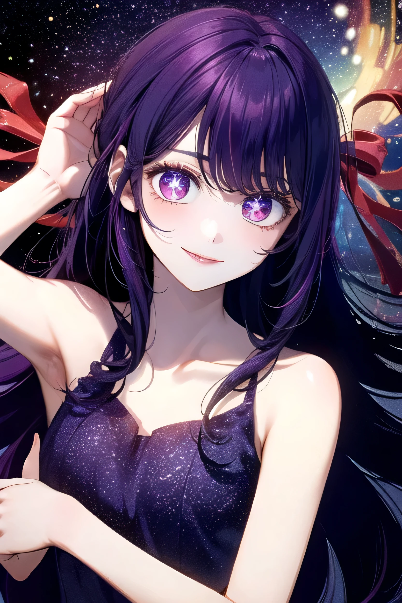 ((highest quality)), ((masterpiece)), (detailed), Perfect Face. Asian Girl. Purple Hair. Purple eyes. Starry Eyes. topless. Small breasts. smile. Underarm.