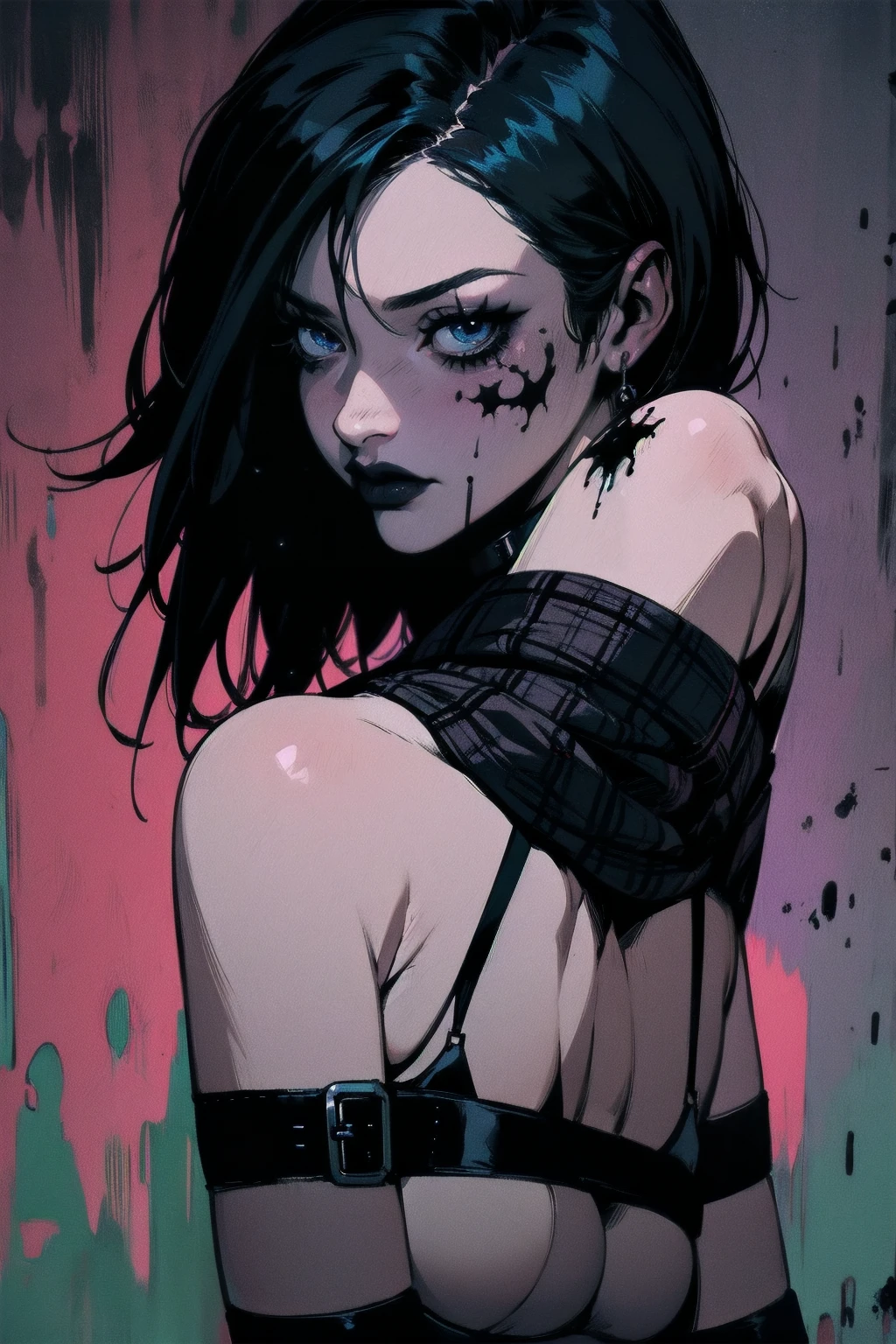 a woman with short black hair, hair on shoulders, wearing a black cropped and plaid skirt, blue eyes, zombie art, gothic art, cute aesthetic with vibe, toon aesthetic, wearing red costume, wearing gothic accessories, look like Cassie Hack, upper body, backwards, looking back, halloween background
