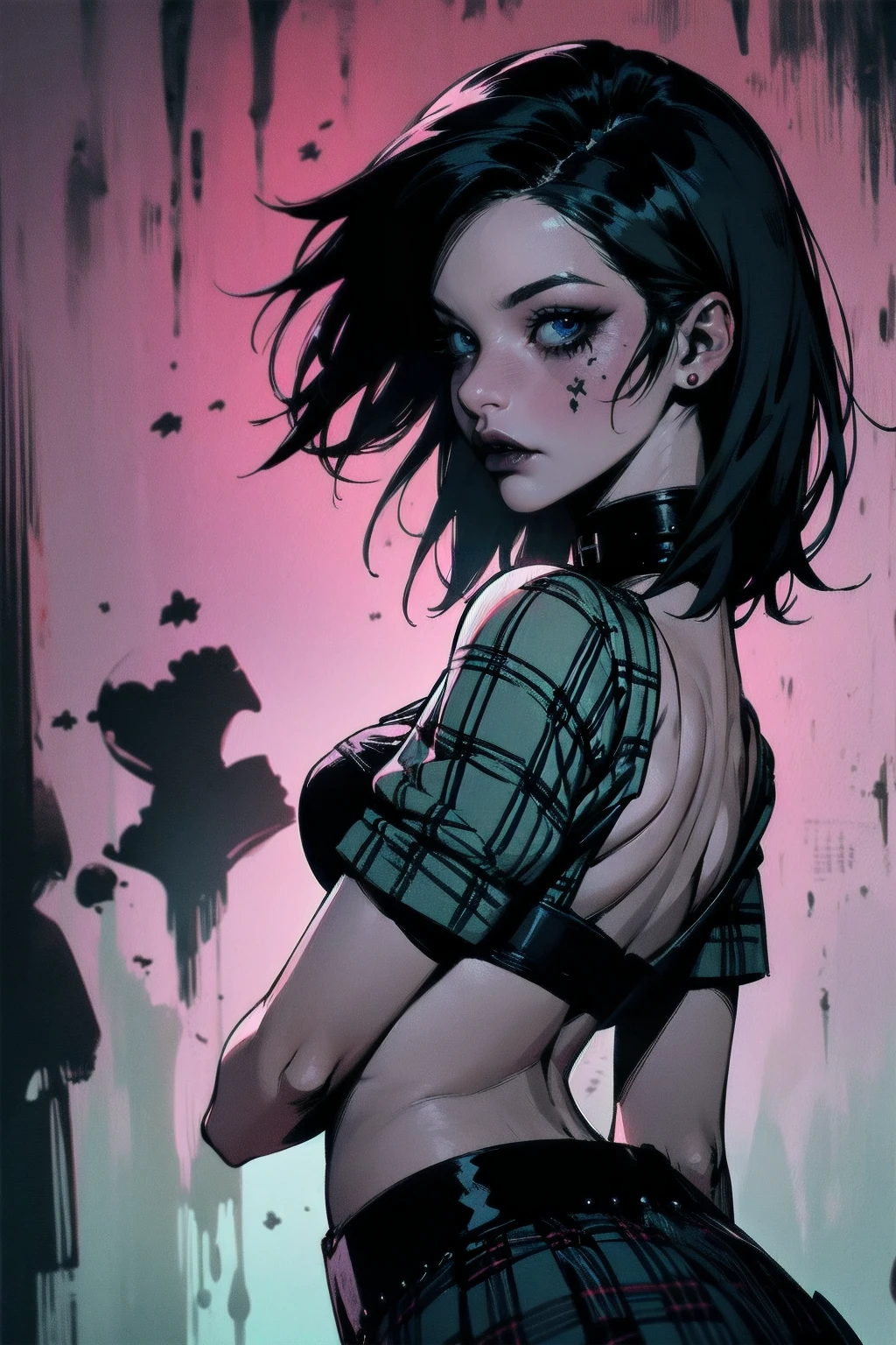 a woman with short black hair, hair on shoulders, wearing a black cropped and plaid skirt, blue eyes, zombie art, gothic art, cute aesthetic with vibe, toon aesthetic, wearing red costume, wearing gothic accessories, look like Cassie Hack, upper body, backwards, looking back, halloween background