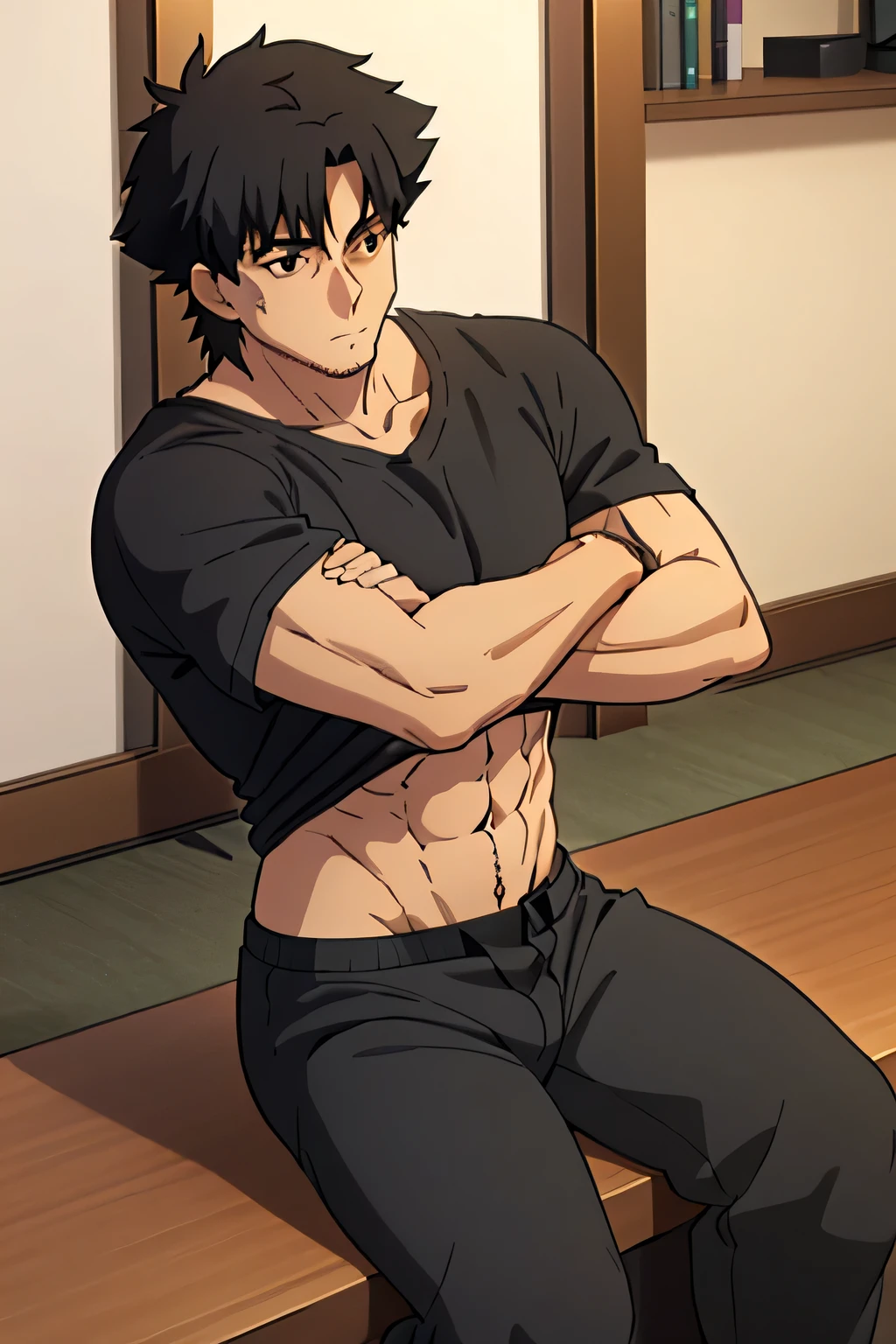 Kiritsugu is sitting and flexing his buff biceps and thighs. He wears black short boxershorts. You can see his thighs. He wears a black tshirt with short sleeves. His right sleeve is completely rolled up so you can see his entire arm and shoulder. He is showing his abs too. He is admiring his arms.