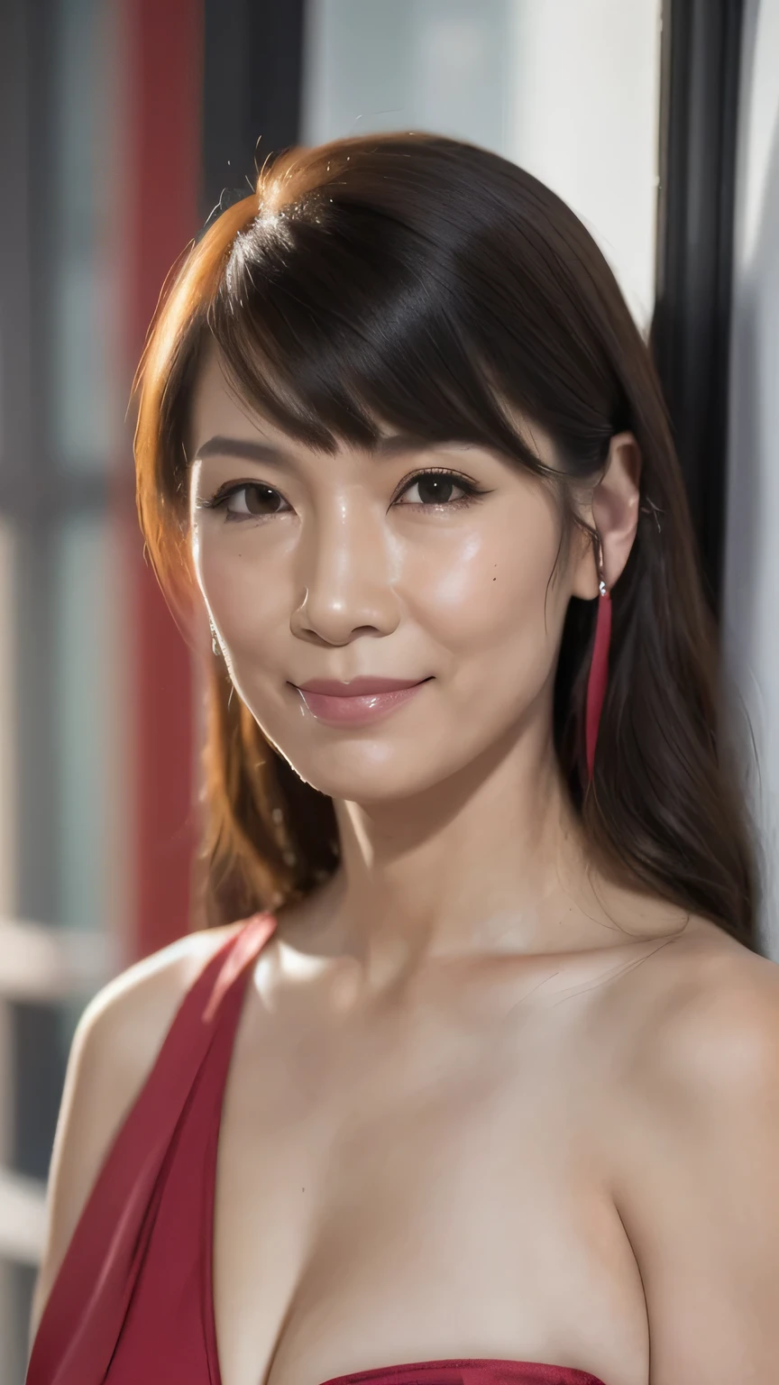 ((highest quality)), ((8K)), ((masterpiece:1.3)), (Perfect look), (Photorealism:1.6), (A walking Japanese mature woman), (Woman window shopping), Blurred Background, Japanese Mature, 62 years old, ((Realistic skin texture)), (Fine wrinkles all over the skin:1.3), (Dull skin:1.1), (Unmoisturized skin:1.2), (Facial wrinkles:0.9), (Wrinkles around the eyes:1.2), double eyelid, Tear bags on the lower eyelids, (Crying Mole:0.9), The eyes are watching me, Serious look, (Dimples on cheeks:1.2), (Short bangs:1.2), Long hair with curled ends, (Hair over the ears), Smiling with the corners of his mouth turned up, (Red slip), Hair blowing in the wind, Small breasts, (wine red lips), (Red high heels:1.2), (Standing posture, Full body portrait:1.4), (Angle from the feet:1.4),