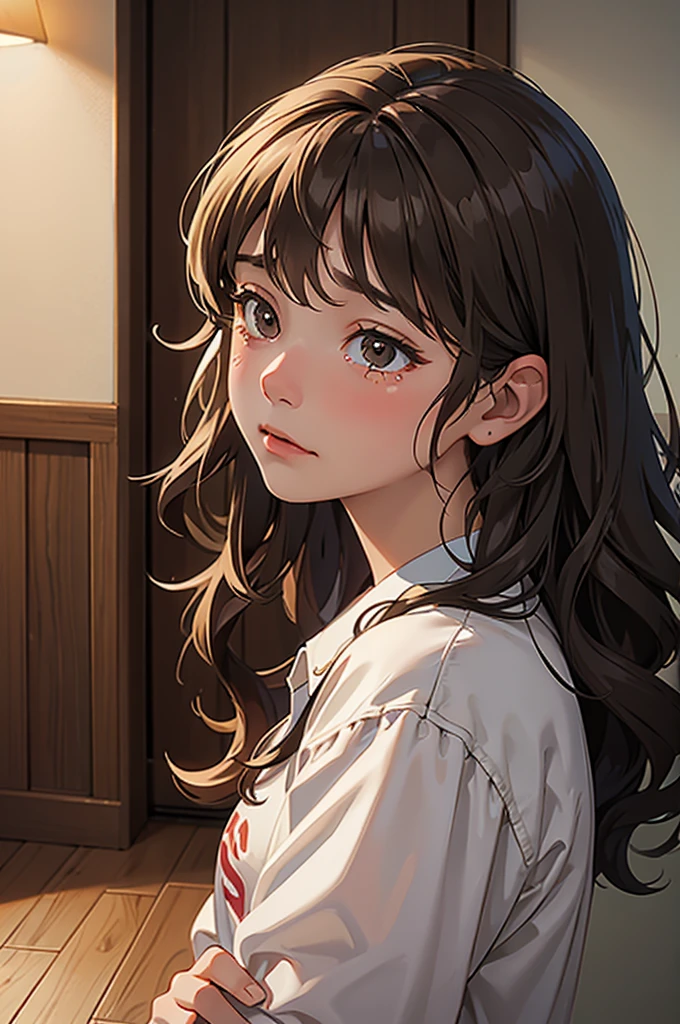 Girl crying mercilessly, wavy hair, room with low light.