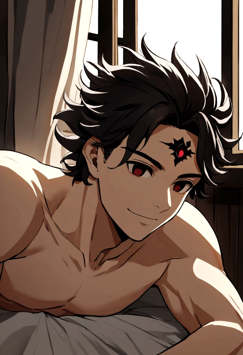 1boy, male focus, ((ponyzeldris)), black hair, short hair, spiked hair, black eyes, red eyes, empty eyes, facial mark, muscles, lying on bed, ((half naked)), half covered on bed sheets, smile, ((light coming from window))