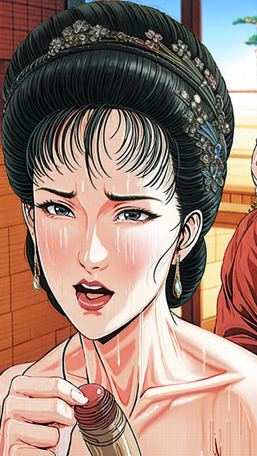 (best quality), (very aesthetic), (ultra-detailed), (best illustration),(a mature female),(perfect face),(perfect body),Suikoden,Mrs. Lin,(((NSFW))),((full_body)),((full_nude)),(crying),red cheek,sweating,skinny,flushed skin,(hairly),(doing blowjob),(She is sucking on an erect penis),(Holding an erect penis with his right hand),(Cum in mouth),chinese traditional bed room,profile