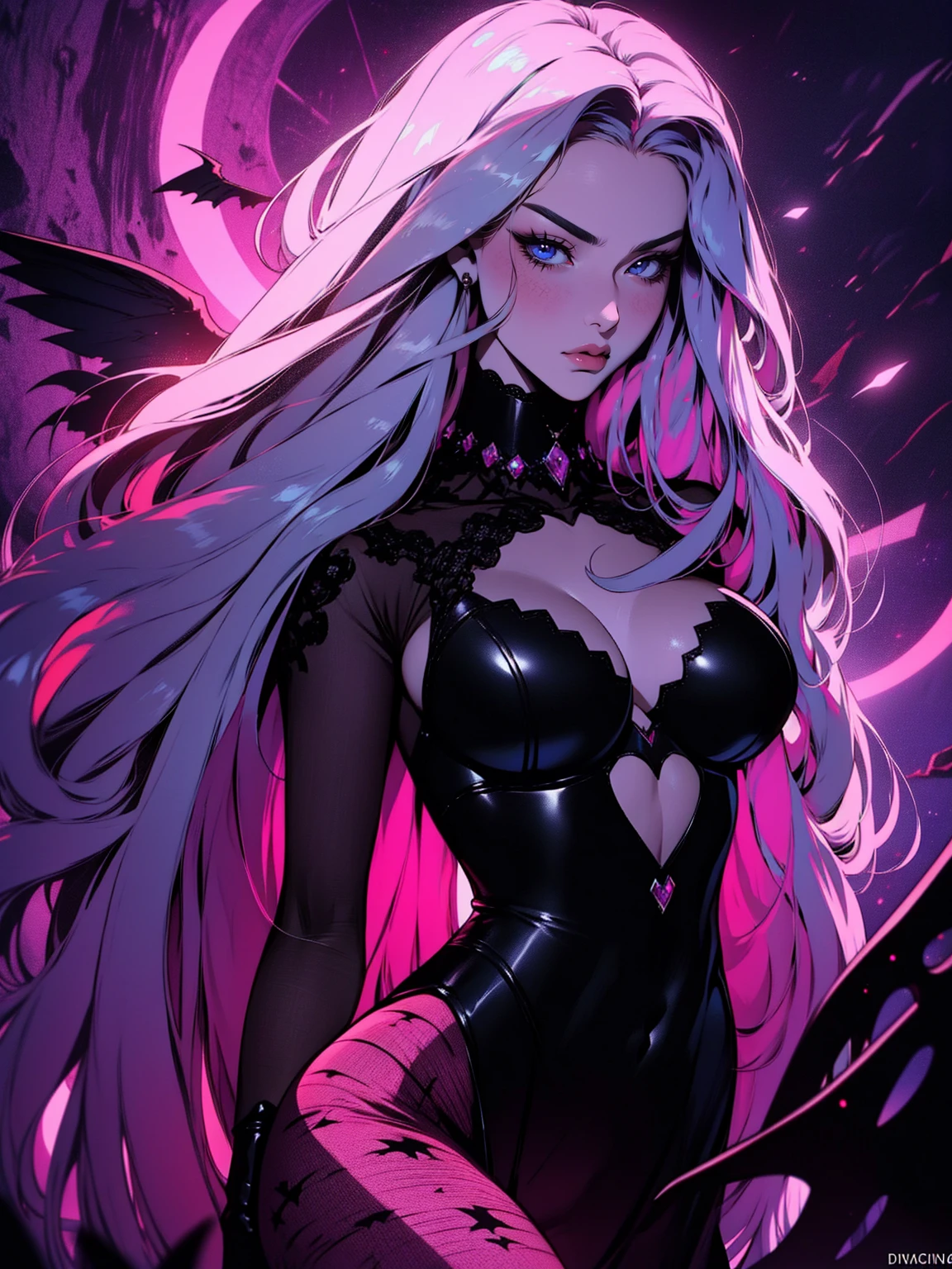 {-erro_de_anatomia:1.0} (best quality,4k,8k,highres,masterpiece:1.2) (masterpiece, top quality, best quality, official art, beautiful and aesthetic: 1.2), (1 woman: 1.3) Succubus girl, long white hair , opal eyes, (crystal eyes) succubus wings, magenta clothes, pant, gloves, attractive, moonlight, dinamic poses, perfect hands (perfect fingers), angry face, dinamic poses, walking on the ground, on attack, backwards, looking back