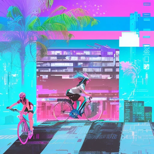 there is a picture of a woman riding a bike in a city, maximalist vaporwave, vaporwave artwork composition, vaporwave style, vaporwave, vaporwave art, very vaporwave, vaporwave lighting style, vaporwave!, vaporwave nostalgia, vaporwave background, rectilinear vaporwave, cyberpunk vaporwave, beautiful glitch art dream, vaporwave city
