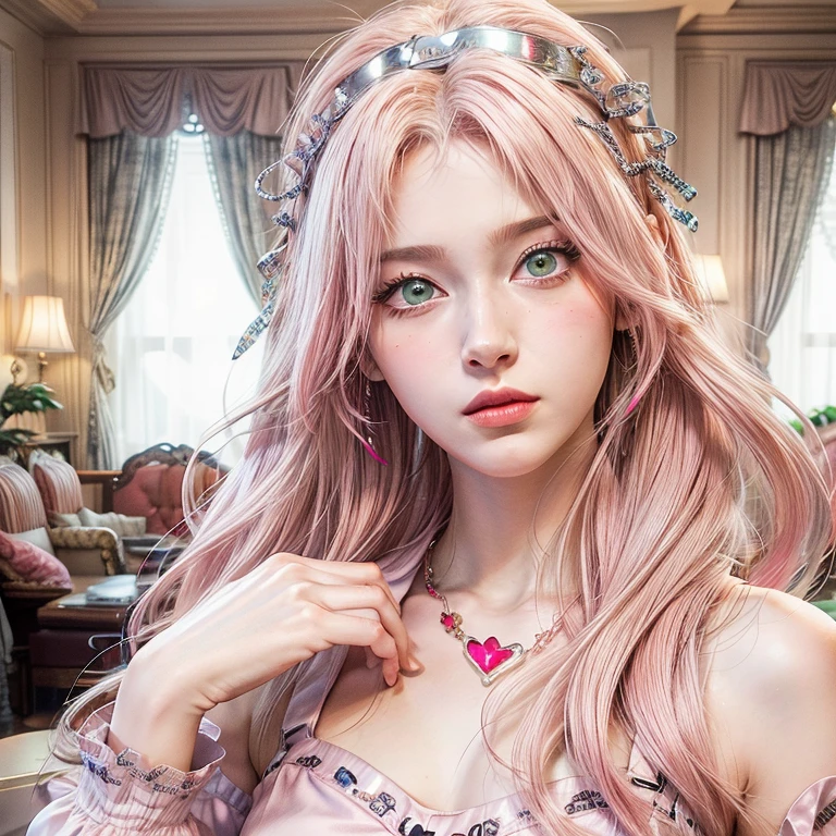 An 18 years old European girl with pale skin and long, wavy rose_gold hair. large and magenta colored eyes, full lips, with an adorable, and innocent face. She should have a happy expression, wearing a pink, gold, and rose gold colored dress, with an elegant and spider web lace theme, something that emphasizes her sweet and compassionate personality. Overall, her appearance would be striking, attracting curious looks. small chested, slender, petit, cinematic lighting, chromatic aberration, backlighting, masterpiece, high details, high quality, 4K.