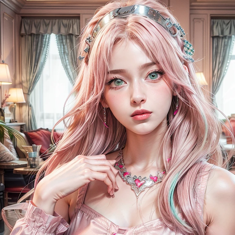 young woman, short shoulder-length pink hair, wide forehead, porcelain skin, pink eyebrows, big emerald green eyes, buttoned nose, full lips, heart-shaped face, slender body, small breasts, red tank top, Sakura Haruno , realistic, realism, details, 3d, well detailed