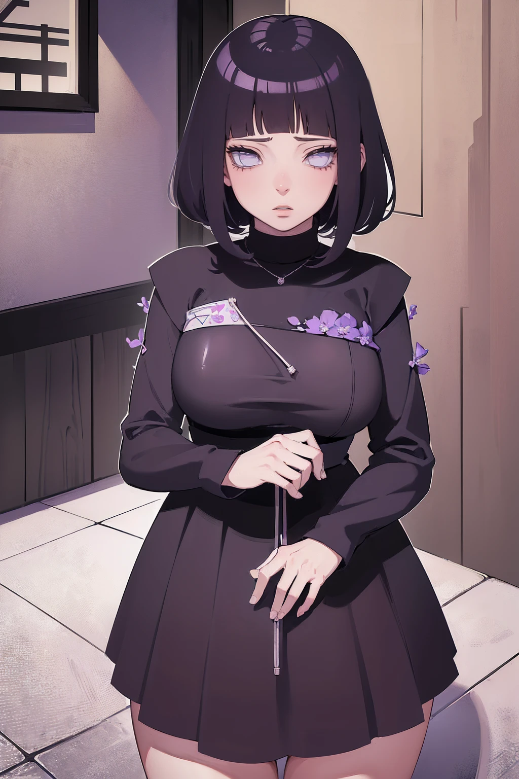 { - anatomy error} (Masterpiece - Ultra-detailed, very high resolution) (huge titusty, masterpiece, absurdres, hinata\(boruto\),2d, Character female, {{35 years old}}, for an RPG based in the Naruto universe by Masashi Kishimoto, specially in hyuga clan; Appearance inspired by Wraith / Apex Legends, with byakugan-gray eyes, kind and sweet expression; medium and dark hair; wearing ninja lilac outfit]; artwork in Japanese animation style beautiful, high definition, masterpiece, {{high detailed eyes}}, grain filter, Detailed lips, high resolution, ultra-detalhado, retrato, mulher caucasiana, realista proportions, Anatomicamente preciso, bochechas rosadas; alta qualidade, premiado, high resolution, 8k, ((altamente detalhado:1.3)
