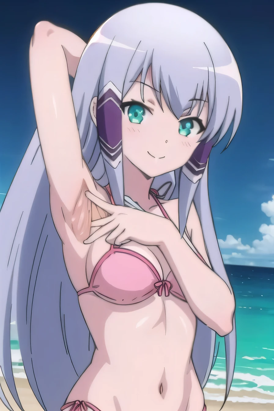 solo, 1girl, looking at viewer, 2D, anime, anime coloring, high quality, solo, night sky, beach, arms behind head, contrapposto, closed mouth, spread armpits, upper body, looking at viewer, smile, best quality, elze silhoueska, pink bikini, swimsuit, smile, blushing,