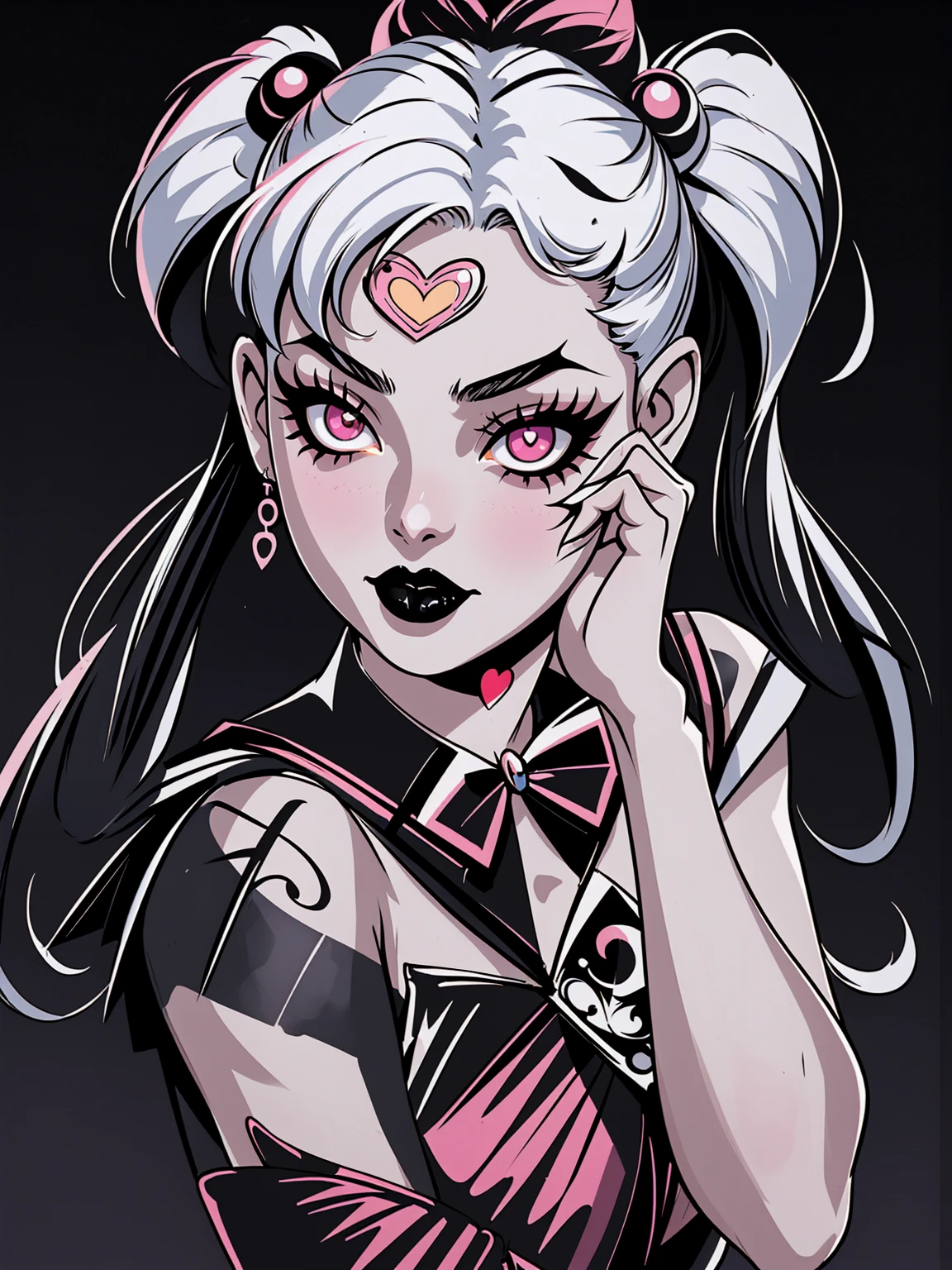 masterpiece, best quality, 1girl, gothic, black lips, solo, black hair, makeup, twin tails, hair buns, (sailor moon), half-cycle, correct hands, proportional fingers, detailed hands, detailed face, detailed body, multicolored white hair, bangs, eyeshadow, tattoos, hair bow, bow, lipstick, two-tone hair, black background, ultra-detailed, professional, bokeh, hentai, illustration, vivid colors, portraits, sharp focus, horrified color palette, dramatic lighting