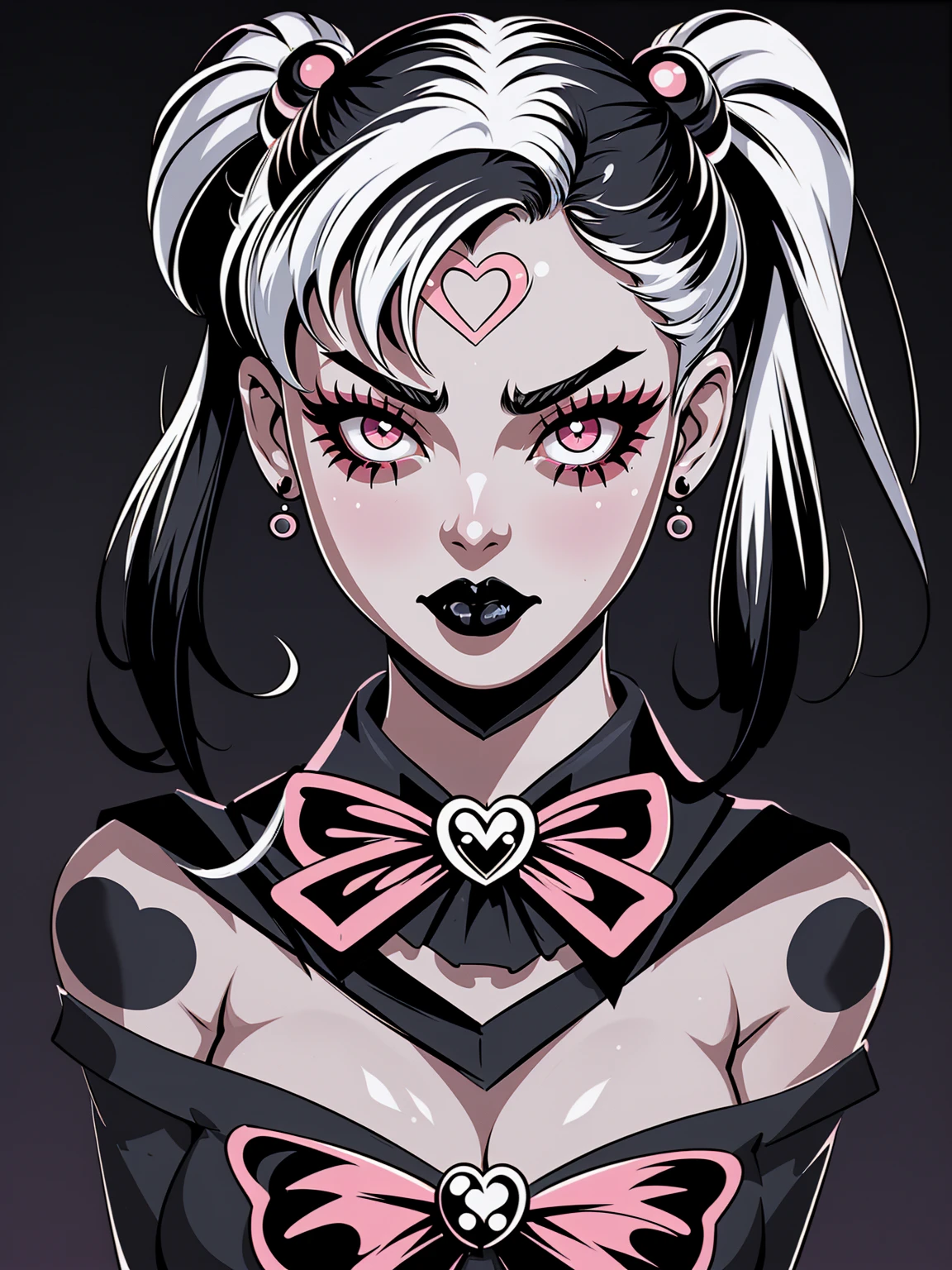 masterpiece, best quality, 1girl, gothic, black lips, solo, black hair, makeup, twin tails, hair buns, (sailor moon), half-cycle, correct hands, proportional fingers, detailed hands, detailed face, detailed body, multicolored white hair, bangs, eyeshadow, tattoos,  hair bow, bow, lipstick, two-tone hair, black background, ultra-detailed, professional, bokeh, hentai, illustration, vivid colors, portraits, sharp focus, horrified color palette, dramatic lighting