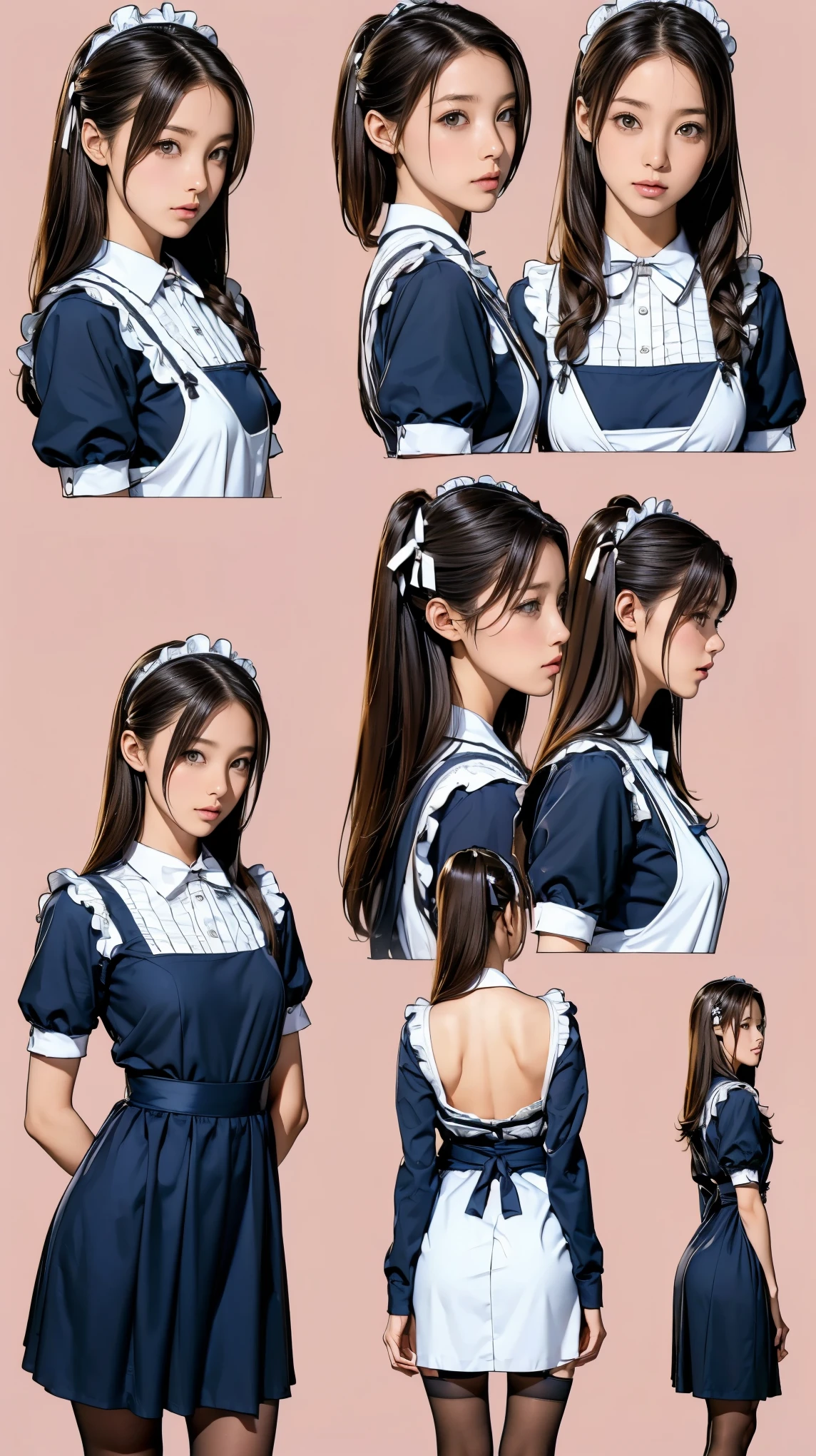 ((masterpiece)),(((highest quality))),((Reference Sheet, Character Design, front, return, ~ ~ side, Mr..々Hairstyle, Mr..々Performance, Facial Expressions)), -yeld gi Cute type, (Very slim:1.4), (Very small ass:1.4), Realistic buttocks, Medium milk,Short brown hair with side waves,Thin thighs, Long legs, It's not a big deal, ((Dress and stockings, Gorgeous maid, Maid clothes,Hair Ribbon)), ((Browsing Caution:1.0))
