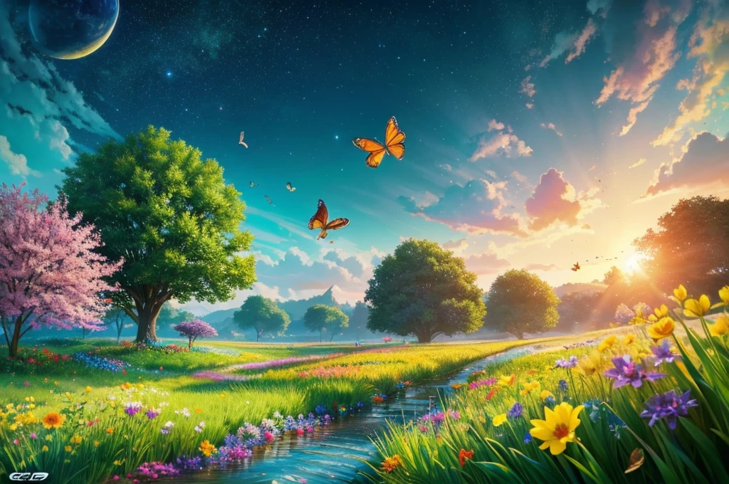 masterpiece, 最high quality, high quality, Very detailed cg unity 8k wallpaper, With vibrant colors and a bright night sky、an extremely colorful and pure fantasy environment, Star-filled sky, Bright green grass landscape, colorful trees々, Shining Fruit, Bright and shiny blue flower. The stream is a deep black color, The air is filled with sweet exotic scents. The environment looks like something out of a dream, Glowing butterflies and giant colorful birds fly around, Award-winning photography, Bokeh, Depth of written boundary, High resolution, bloom, chromatic aberration ,Realistic,Very detailed, Trending on Artstation, Trending on CGSociety, Complex, Attention to detail, dramatic, art：Mid Journey

