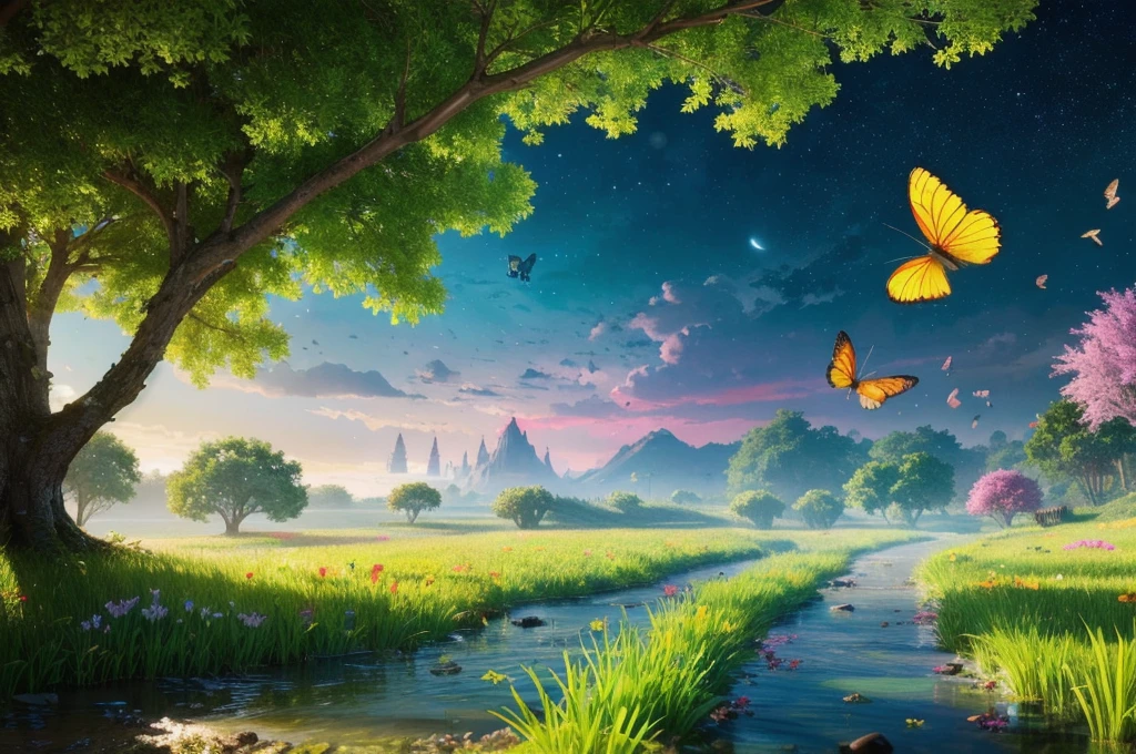 masterpiece, 最high quality, high quality, Very detailed cg unity 8k wallpaper, With vibrant colors and a bright night sky、an extremely colorful and pure fantasy environment, Star-filled sky, Bright green grass landscape, colorful trees々, Shining Fruit, Bright and shiny blue flower. The stream is a deep black color, The air is filled with sweet exotic scents. The environment looks like something out of a dream, Glowing butterflies and giant colorful birds fly around, Award-winning photography, Bokeh, Depth of written boundary, High resolution, bloom, chromatic aberration ,Realistic,Very detailed, Trending on Artstation, Trending on CGSociety, Complex, Attention to detail, dramatic, art:Mid Journey