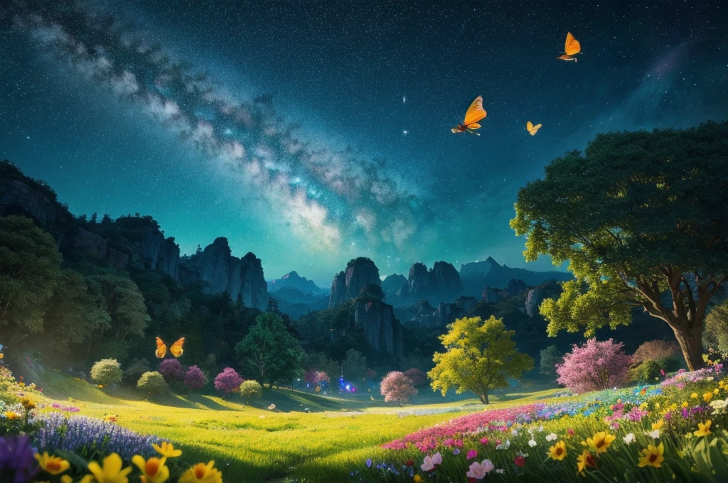 masterpiece, 最high quality, high quality, Very detailed cg unity 8k wallpaper, With vibrant colors and a bright night sky、an extremely colorful and pure fantasy environment, Star-filled sky, Bright green grass landscape, colorful trees々, Shining Fruit, Bright and shiny blue flower. The stream is a deep black color, The air is filled with sweet exotic scents. The environment looks like something out of a dream, Glowing butterflies and giant colorful birds fly around, Award-winning photography, Bokeh, Depth of written boundary, High resolution, bloom, chromatic aberration ,Realistic,Very detailed, Trending on Artstation, Trending on CGSociety, Complex, Attention to detail, dramatic, art:Mid Journey