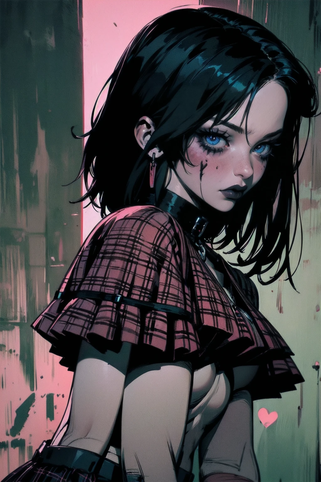 a woman with short black hair, hair on shoulders, wearing a black cropped and plaid skirt, blue eyes, zombie art, gothic art, cute aesthetic with vibe, toon aesthetic, wearing red costume, wearing gothic accessories, look like Cassie Hack, upper body, backwards, looking back, halloween background