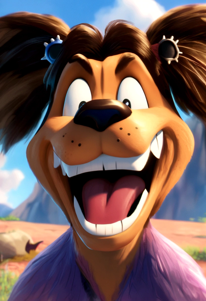 a close up of a cartoon dog with a big smile on his face, in the croods movie style, round teeth and goofy face, animated movie still, dreamworks animated bjork, animated movie scene, frame from pixar movie, anato finnstark. pixar, helga pataki's teeth, depicted as a pixar character, animated movie shot