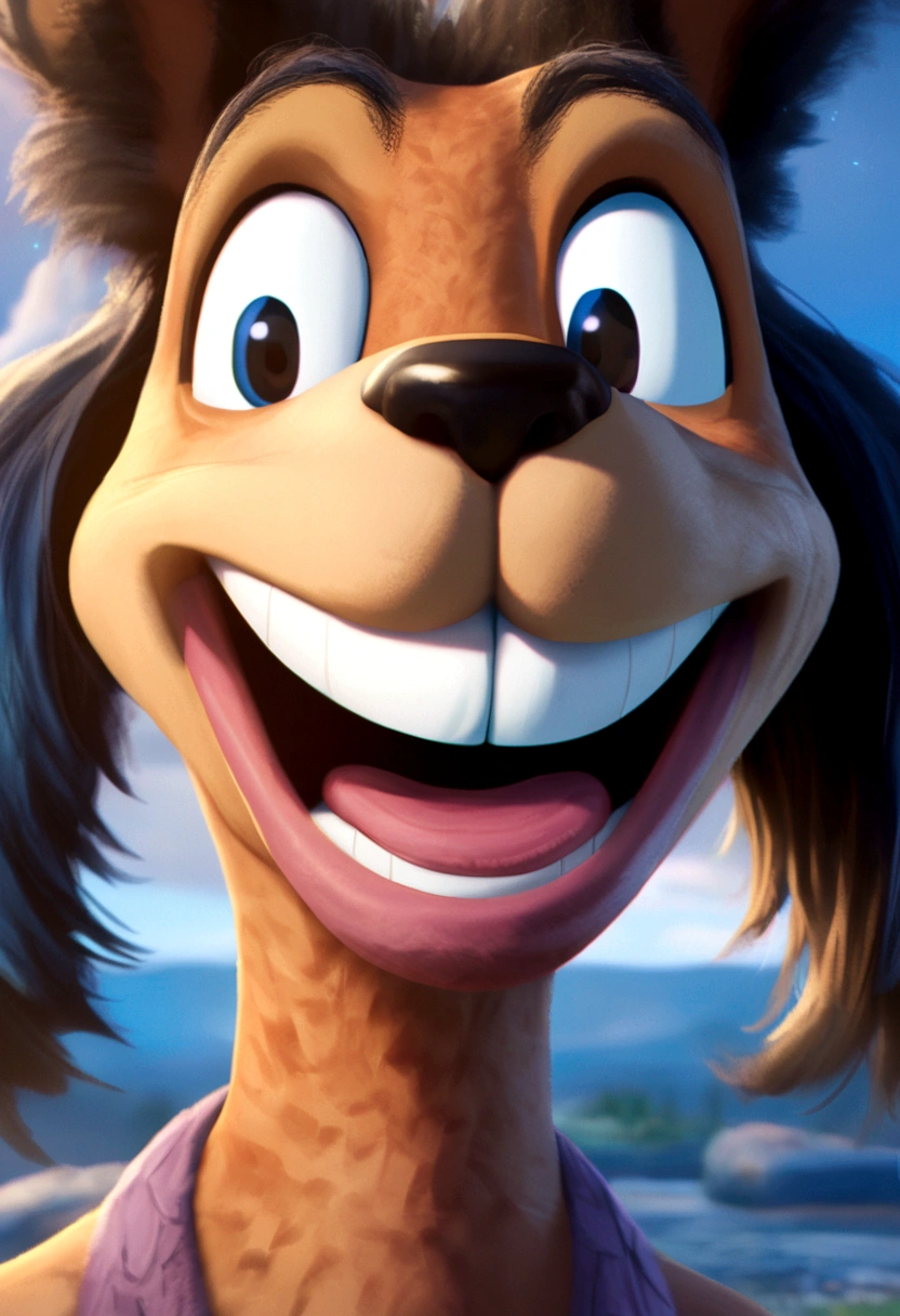 a close up of a cartoon dog with a big smile on his face, in the croods movie style, round teeth and goofy face, animated movie still, dreamworks animated bjork, animated movie scene, frame from pixar movie, anato finnstark. pixar, helga pataki's teeth, depicted as a pixar character, animated movie shot