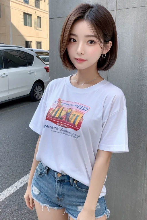 ((highest quality,8k,masterpiece:1.3)),Perfect beauty:1.4,Hips:1.2,(Layered Hairstyles:1.2)),(Street:1.3),Highly detailed face and skin texture,Esbian all over,A sophisticated eye,double eyelid,Whitening the skin,Short Wavy Hair,Cute Korean Beauty(With a round face:1.5),(Loose fitting T-shirt,Shorts:1.6)