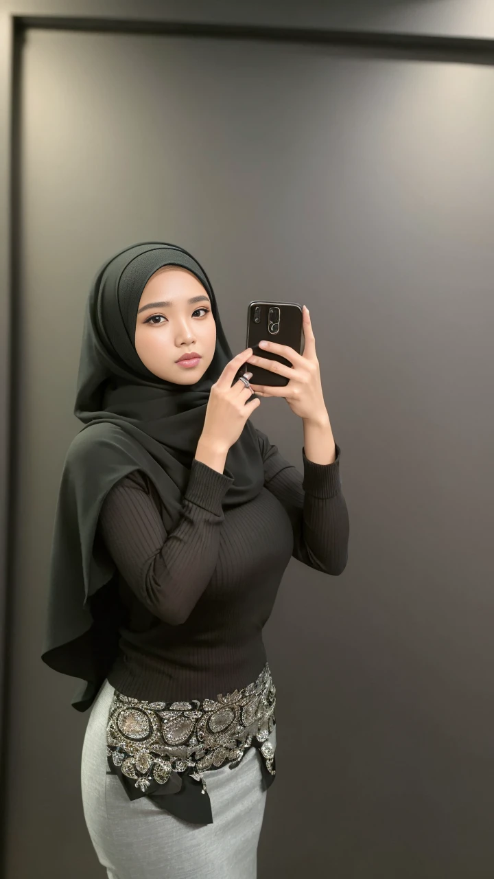RAW, Best quality, high resolution, masterpiece: 1.3), beautiful Malay woman on hijab (iu:0.8),((big breast)), perfect nose,perfect lips, perfect eyes, detail :1.2),big breast,wearing black skirt and blue sweater, short skirt, short sexy skirt, wearing tight dress, sexy dress, elegant dress, slim fit body,( body close up)