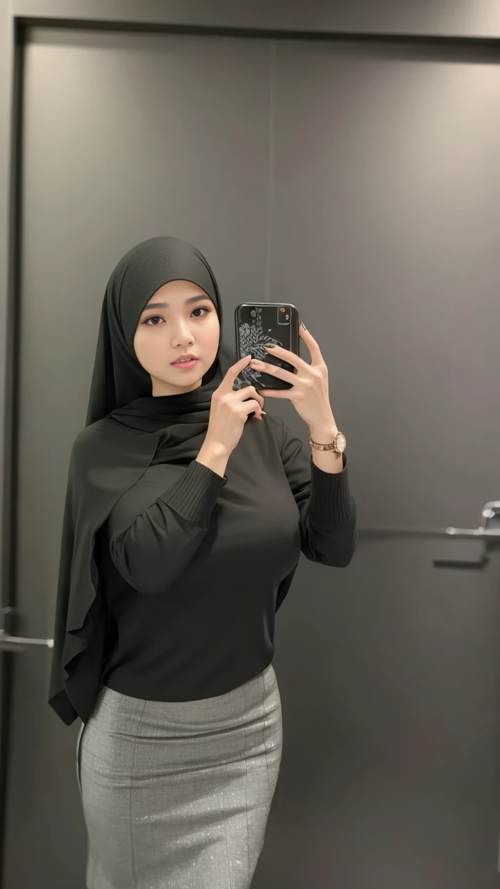 RAW, Best quality, high resolution, masterpiece: 1.3), beautiful Malay woman on hijab (iu:0.8),((big breast)), perfect nose,perfect lips, perfect eyes, detail :1.2),big breast,wearing black skirt and blue sweater, short skirt, short sexy skirt, wearing tight dress, sexy dress, elegant dress, slim fit body,( body close up)