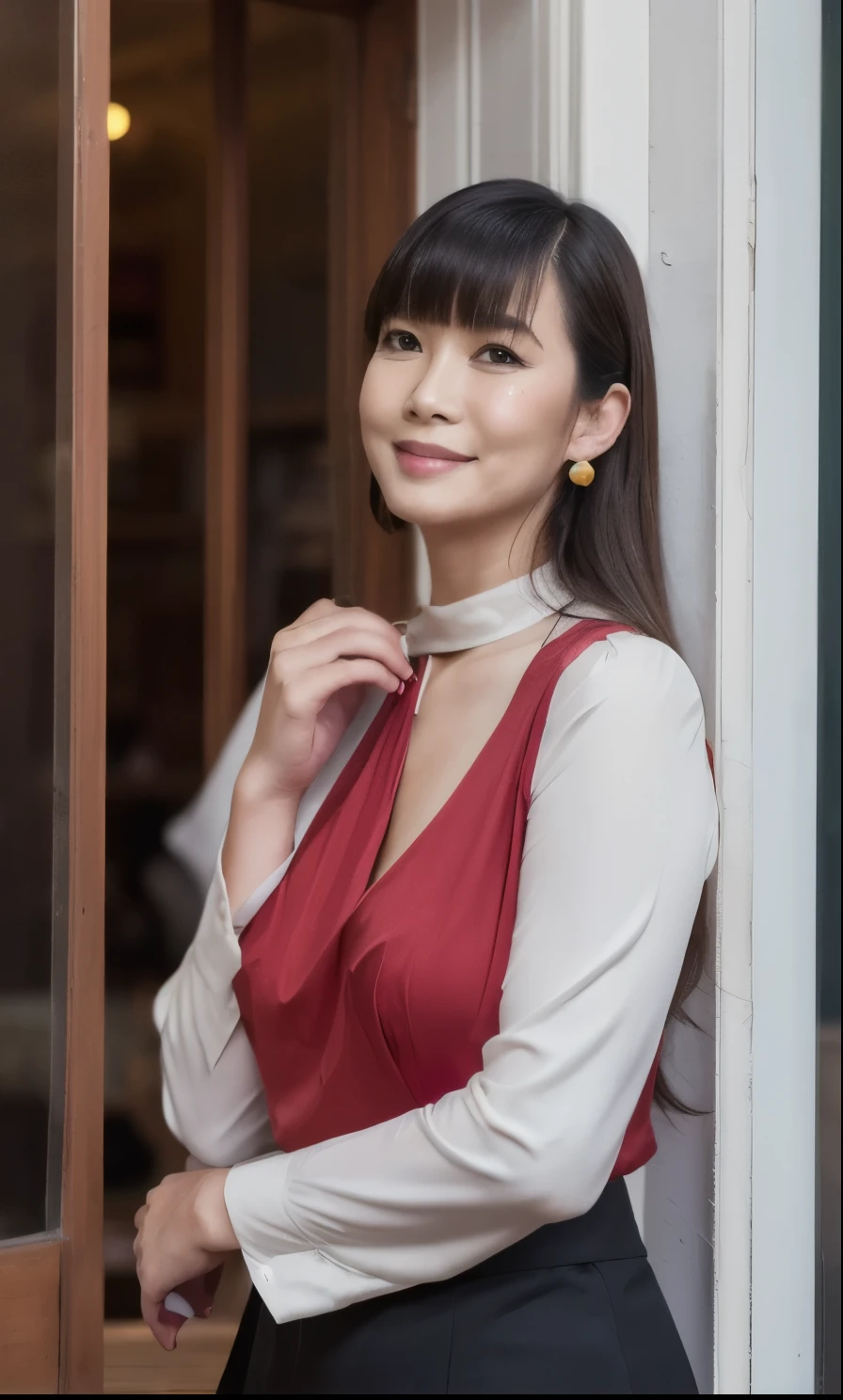 ((highest quality)), ((8K)), ((masterpiece:1.3)), (Perfect look), (Photorealism:1.6), (1人の歩くJapanese Mature), (Woman window shopping), Blurred Background, Japanese Mature, 62 years old, ((Realistic skin texture)), (Fine wrinkles all over the skin:1.3), (Dull skin:1.1), (Unmoisturized skin:1.2), (Facial wrinkles:0.9), (Wrinkles around the eyes:1.2), double eyelid, Tear bags on the lower eyelids, (Crying Mole:0.9), The eyes are watching me, Serious look, (Dimples on cheeks:1.2), (Short bangs:1.2), Long hair with curled ends, (Hair over the ears), Smiling with the corners of his mouth turned up, (Red blouse), (Black long skirt), Soft fabric blouse, (Wide-necked blouse: 1.4), Wide sleeves, Cuffs that fit snugly around the wrist, Long Skirt, Hair blowing in the wind, Small breasts, (wine red lips), (Red high heels：1.2), (Standing posture, Full body portrait：1.4), (Angle from the feet：1.4),