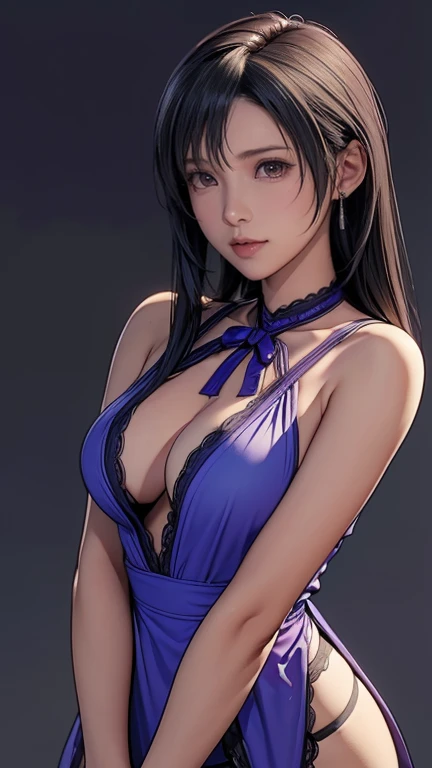 One girl,Tifa Lockhart,Beautifully detailed eyes、Cowboy shot,purple one piece dress , (show her panties:1.3),Simple Background、Gray background、Cinematic lighting、seductive pose,(blush:1.3), ((Gazing at Something Off-Frame)),