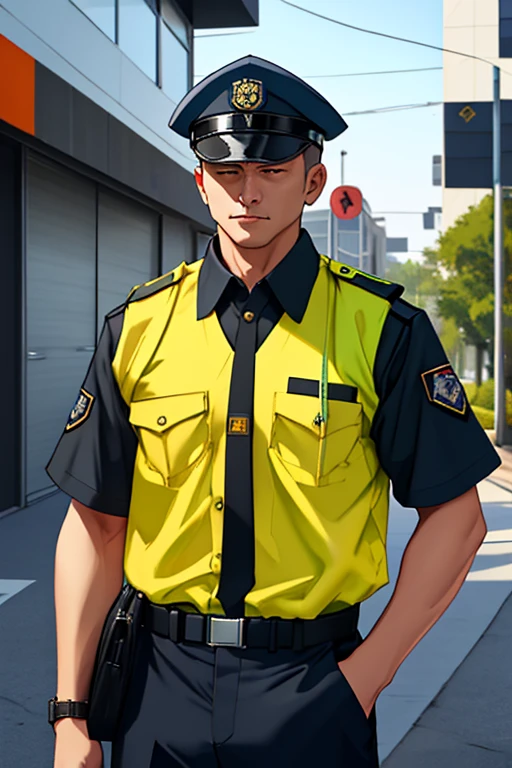 property watchman, serious and observant man, on duty. The security guard uniform is a set of specific clothing and accessories that security guards must wear during the exercise of their professional activities. It is regulated and mandatory in-service use, as established in Ordina.