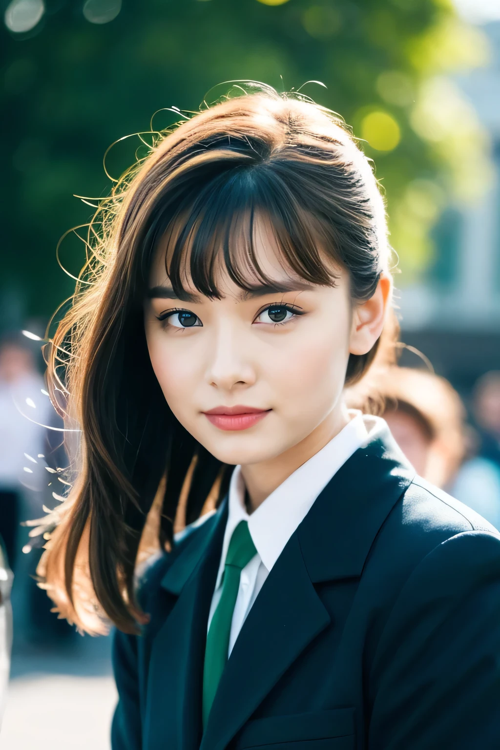 （School trip sightseeing spots、In the crowd）I have a lot of friends、Group photo of 5 people、Show me a woman who will surprise everyone.、Women like Audrey Hepburn、Looks like Grace Kelly、Little teenage girl、young woman、Everyone is eating lunch、The green  uniform that fits her perfectly、Wearing a checked skirt、 uniform、ponytail、Hair is straight、Has a very happy face、He is looking ahead with a slightly bad mood、Arms crossed、lips slightly pointed.、Bangs slightly messed up by the wind、Watching with an upper eye、Things are looking good、Soft Backlight、