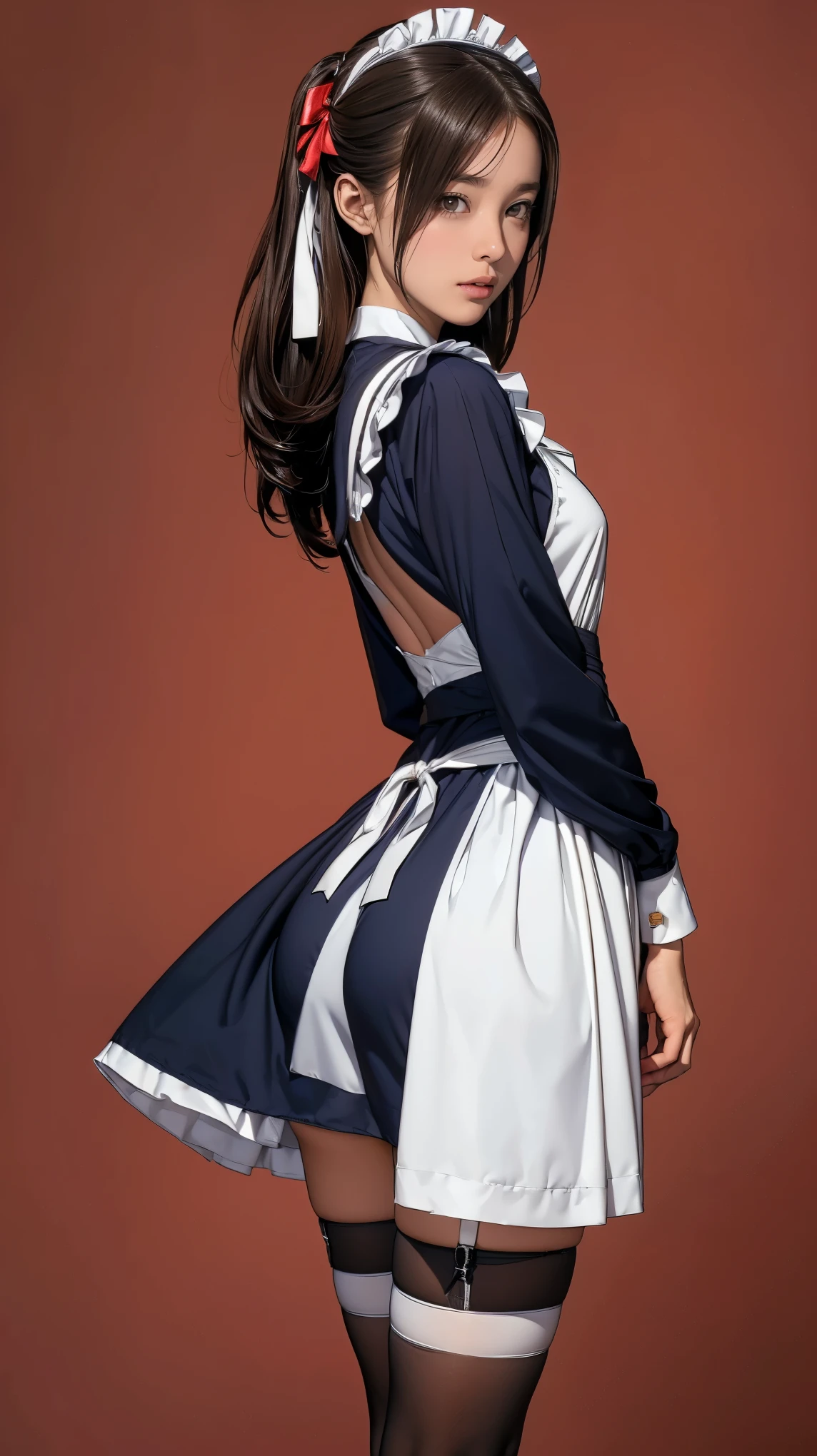 ((masterpiece)),(((highest quality))),((Reference Sheet, Character Design, front, return, ~ ~ side, Mr..々Hairstyle, Mr..々Performance, Facial Expressions)), 14-year-old girl, Cute type, (Very slim:1.4), (Very small ass:1.4), Realistic buttocks, Medium milk,Short brown hair with side waves,Thin thighs, Long legs, It's not a big deal, ((Dress and stockings, Gorgeous maid, Maid clothes,Hair Ribbon)), ((Browsing Caution:1.0))