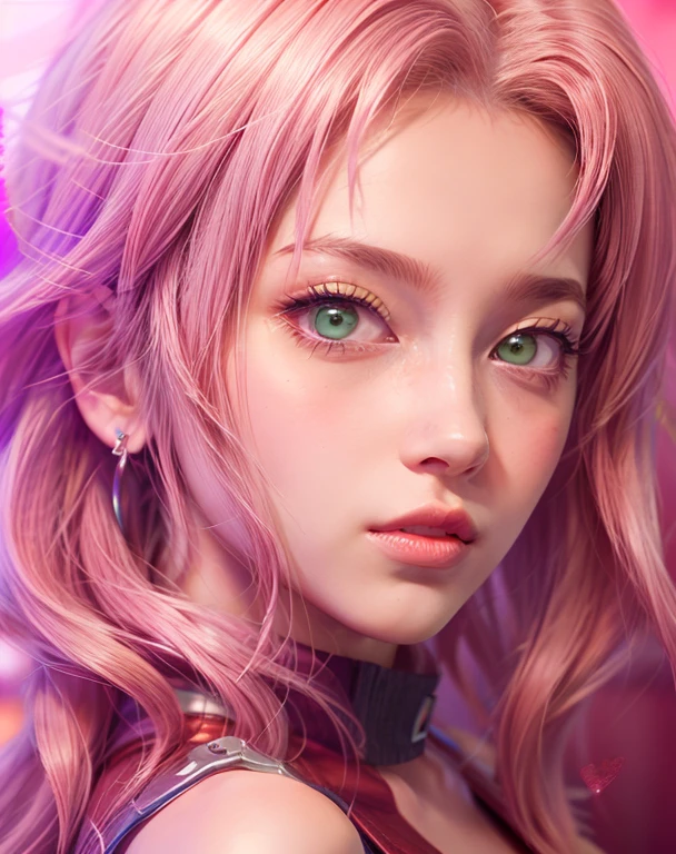 young woman, short shoulder-length pink hair, wide forehead, porcelain skin, pink eyebrows, big emerald green eyes, buttoned nose, full lips, heart-shaped face, slender body, small breasts, red tank top, Sakura Haruno , realistic, realism, details, 3d, well detailed