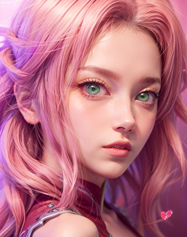 young woman, short shoulder-length pink hair, wide forehead, porcelain skin, pink eyebrows, big emerald green eyes, buttoned nose, full lips, heart-shaped face, slender body, small breasts, red tank top, Sakura Haruno , realistic, realism, details, 3d, well detailed