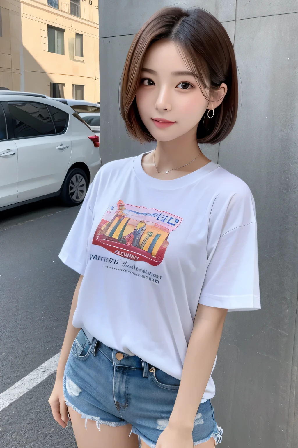 ((highest quality,8k,masterpiece:1.3)),Perfect beauty:1.4,Hips:1.2,(Layered Hairstyles:1.2)),(Street:1.3),Highly detailed face and skin texture,Esbian all over,A sophisticated eye,double eyelid,Whitening the skin,Short Wavy Hair,Cute Korean Beauty(With a round face:1.5),(Loose fitting T-shirt,Shorts:1.6)