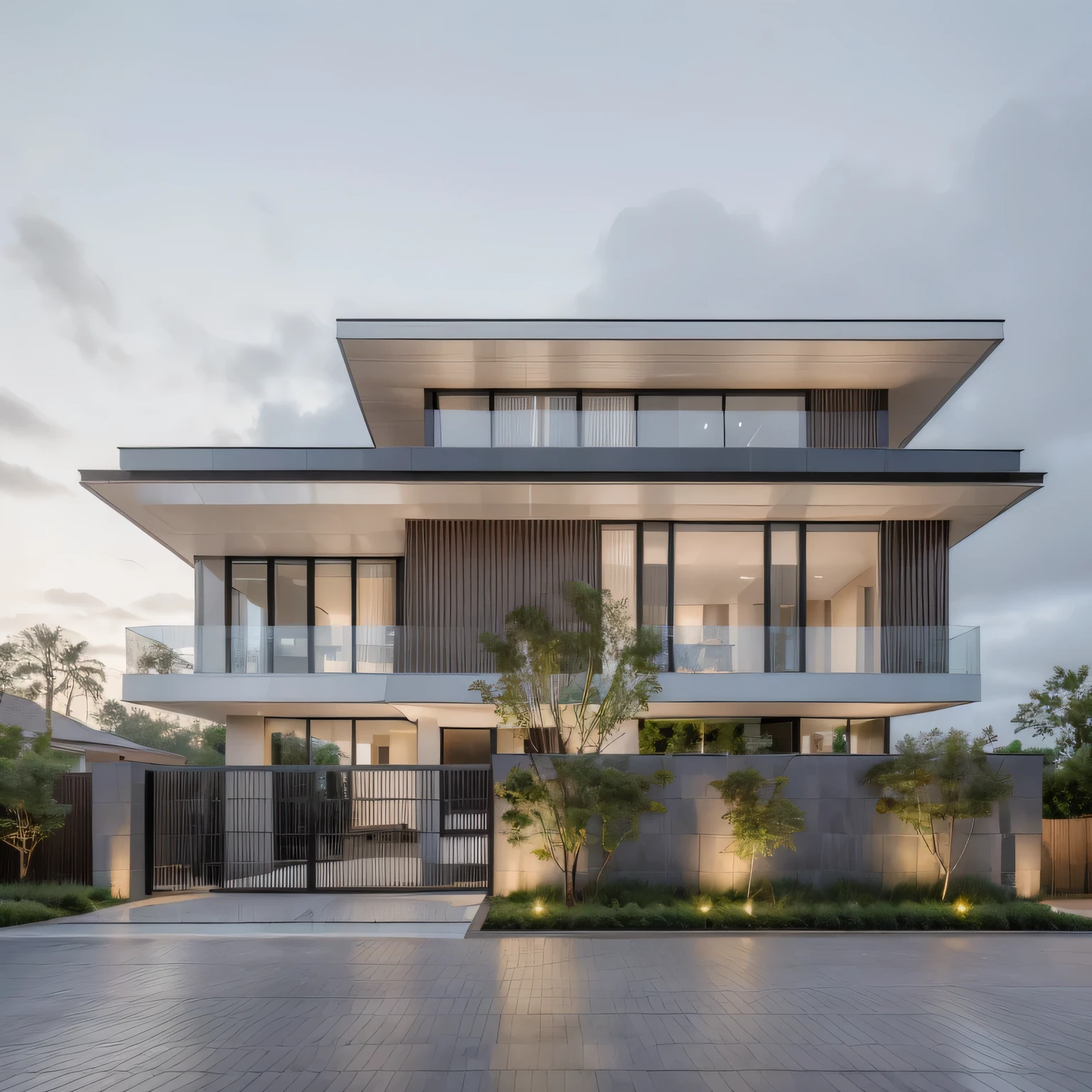 RAW photo, Exterior of two story white modern house, (road:1.3), (sidewalk:1.3), (sidewalk trees:1.3), (residences area:1.4), dawn time, overcast, fog, tropical trees and plants, (high detailed:1.2), 8k uhd, dslr, soft lighting, high quality, film grain, Fujifilm XT3, (sharpen:1.5)