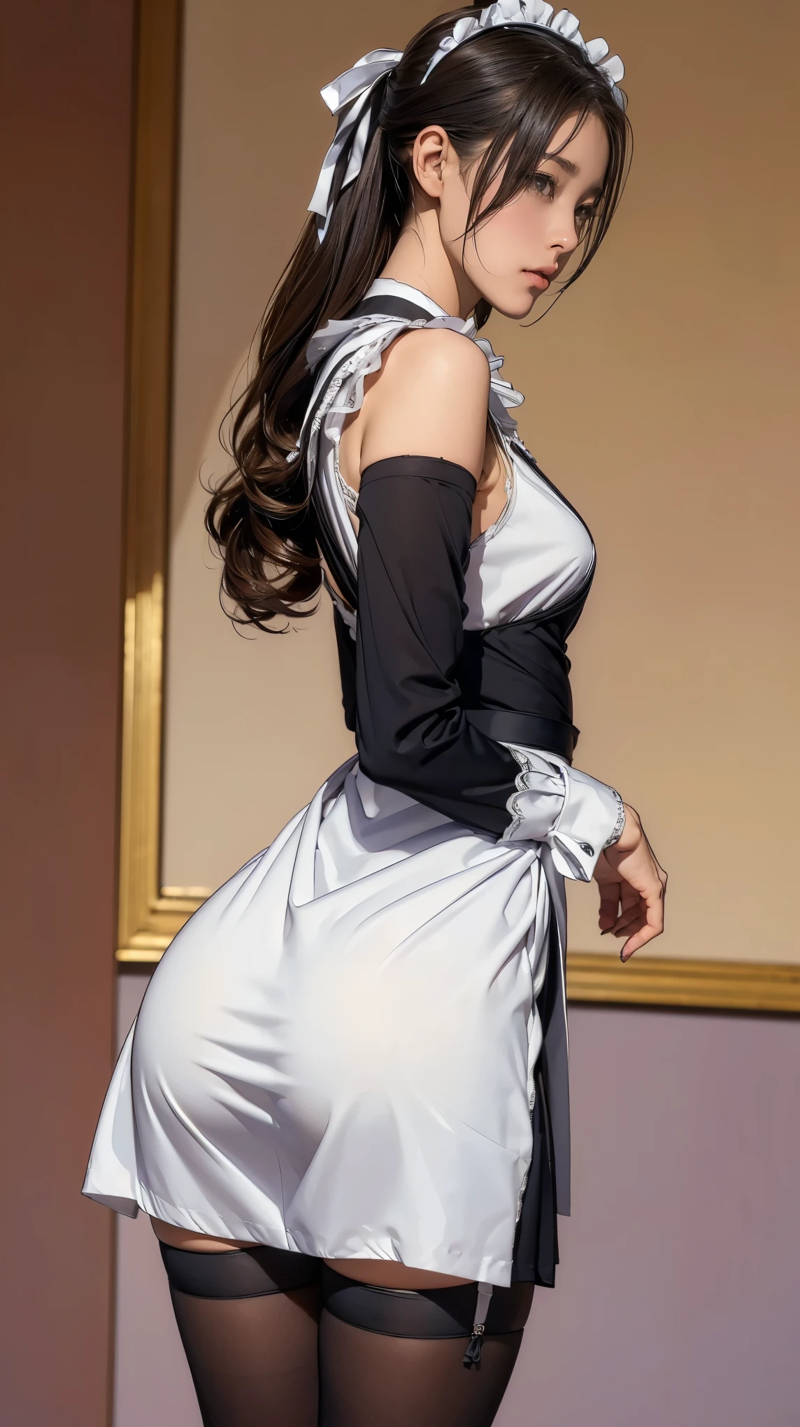 Masterpiece, stunning brown hair  , ponytail hair, photorealistic, profesional photo, 4 k, high resolution, highly detailed, perfect composition photo, raw photo, long flowing satin pant, skirt, droopy natural breast, perfect hourglass figure, ((wide hips, thick thigh, skinny waist, protruding ass)), butt to camera, look at viewer eyes, long pant, loose long sleeve blouse,satin