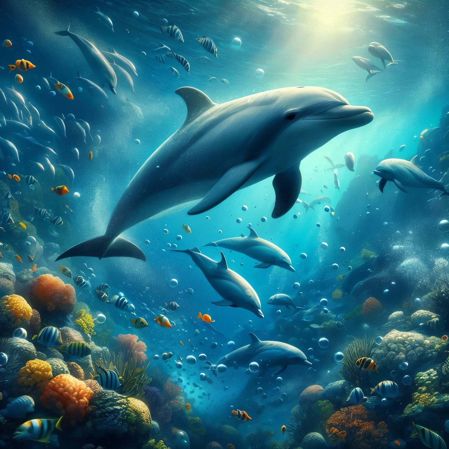 Beautiful dolphin representational art, photorealistic dolphin swimming under the sea, art, Hawaii sea coast, some dolphins streaking across the view, medium sized bubbles, medium sized bubbles in bubble trails, small dolphin family pods playing, colorful abundant fish, some dolphins are swimming in semi-circles, some dolphins are swimming in meandering paths, 8k resolution,