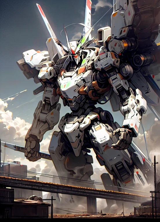 cielo, nube, tenencia_arma, No_humanos, brillante, , robot, edificio, brillante_eyes, mecha, ciencia_fiction, ciudad, realista,mecha, armado con una espada gigante, color negro y rojo oscuro