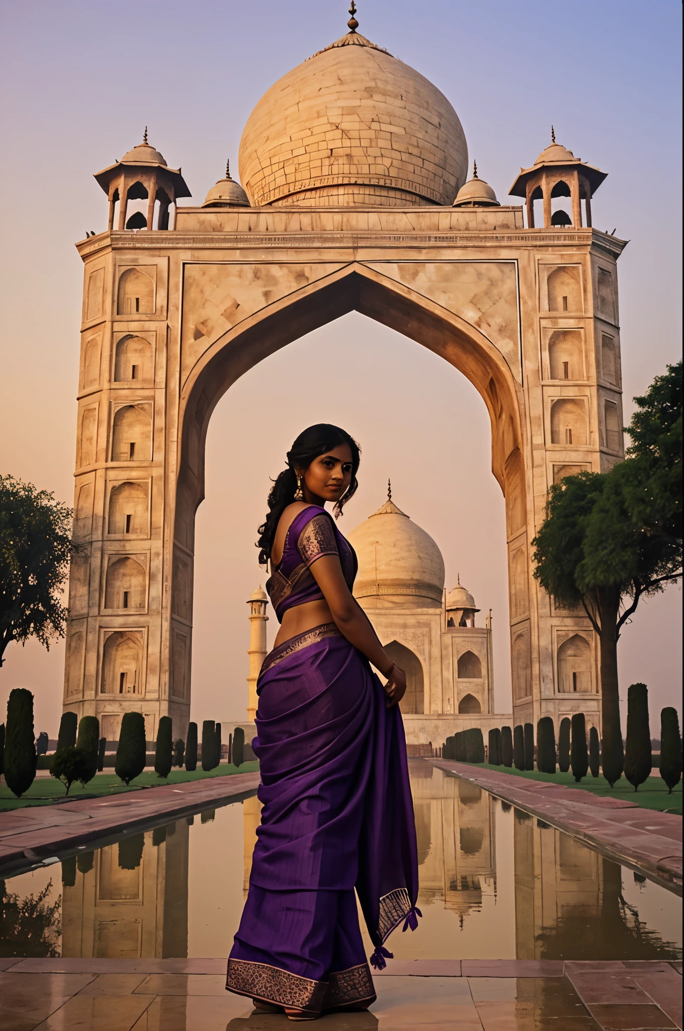Brown Girl in purple saree with palms joined together. Background is taj mahal during sunrise