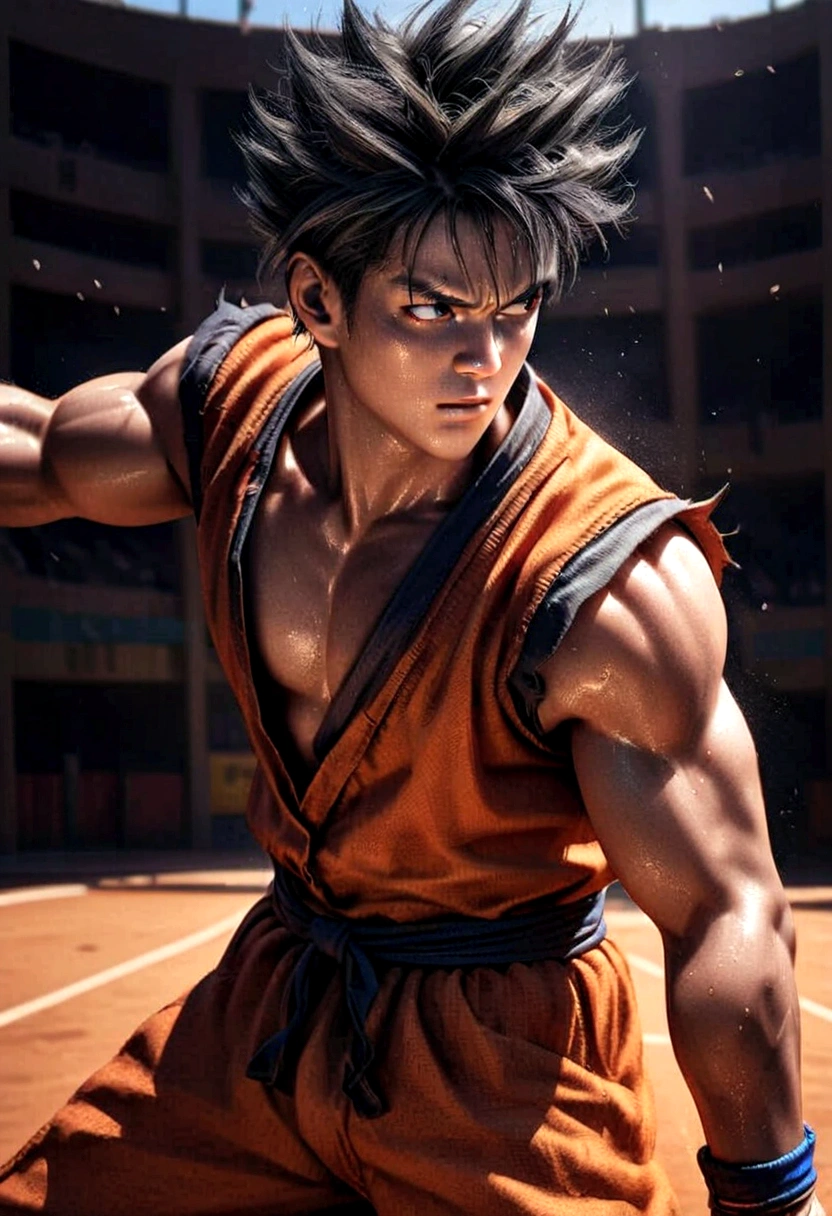 a young man with spiky black hair, wearing an orange martial arts outfit, playing basketball on a court, beautiful detailed eyes, beautiful detailed lips, extremely detailed face, long eyelashes, muscular body, dynamic action pose, basketball court, blue sky, sun rays, realistic, photorealistic, photo-realistic:1.37, best quality, 8k, highres, masterpiece:1.2, ultra-detailed, vivid colors, cinematic lighting, dramatic shadows, epic action scene