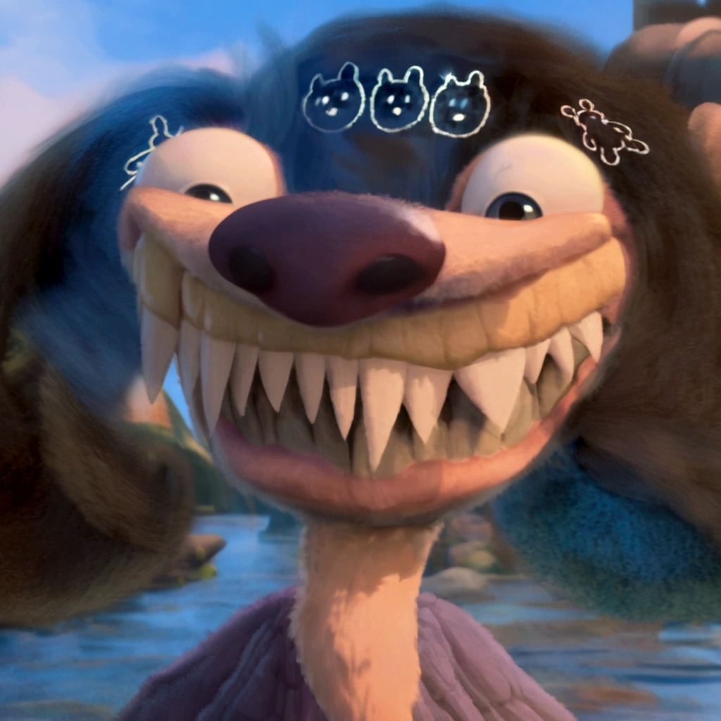 a close up of a cartoon dog with a big smile on his face, in the croods movie style, round teeth and goofy face, animated movie still, dreamworks animated bjork, animated movie scene, frame from pixar movie, anato finnstark. pixar, helga pataki's teeth, depicted as a pixar character, animated movie shot