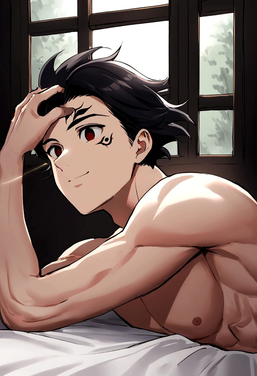 1boy, male focus, ((ponyzeldris)), black hair, short hair, spiked hair, black eyes, red eyes, empty eyes, facial mark, muscles, lying on bed, ((half naked)), half covered on bed sheets, smile, ((light coming from window)), receiving headpats