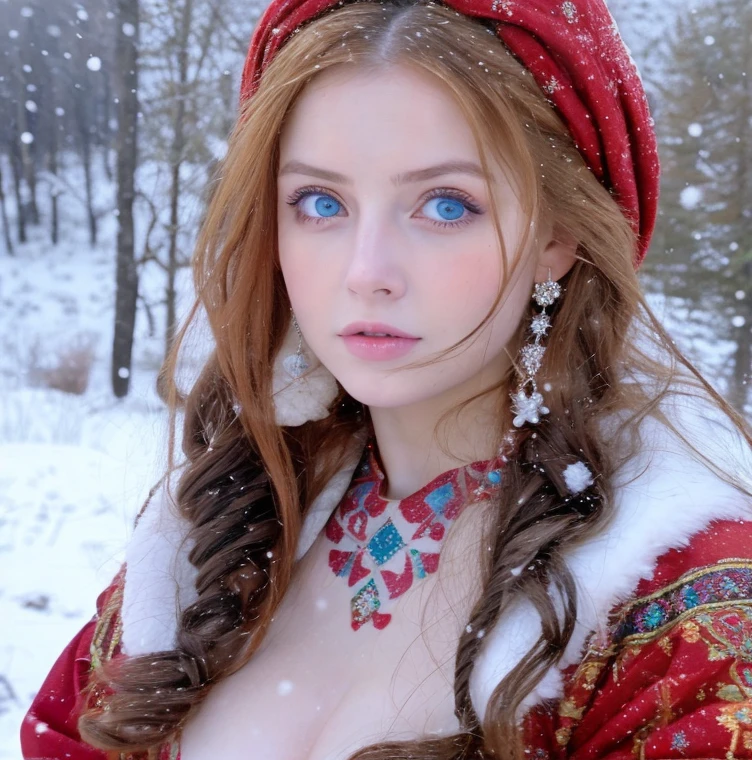 Beautiful girl, blue eyes, long curly white hair, detailed facial traits, national turkic female dress, breasta behind, it's snowing