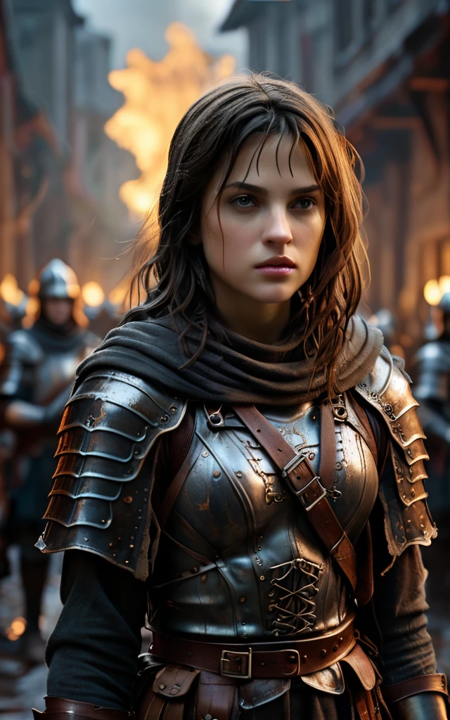 Joan of arc with dark brown hair in armor leading soldiers into battle, background dark, hyper realistic, ultra detailed hyper realistic, photorealistic, Studio Lighting, reflections, dynamic pose, Cinematic, Color Grading, Photography, Shot on 50mm lens, Ultra-Wide Angle, Depth of Field, hyper-detailed, beautifully color, 8k, Detailed background, dark light, twilight lighting, Volumetric lighting, intricate details, ultra high definition,