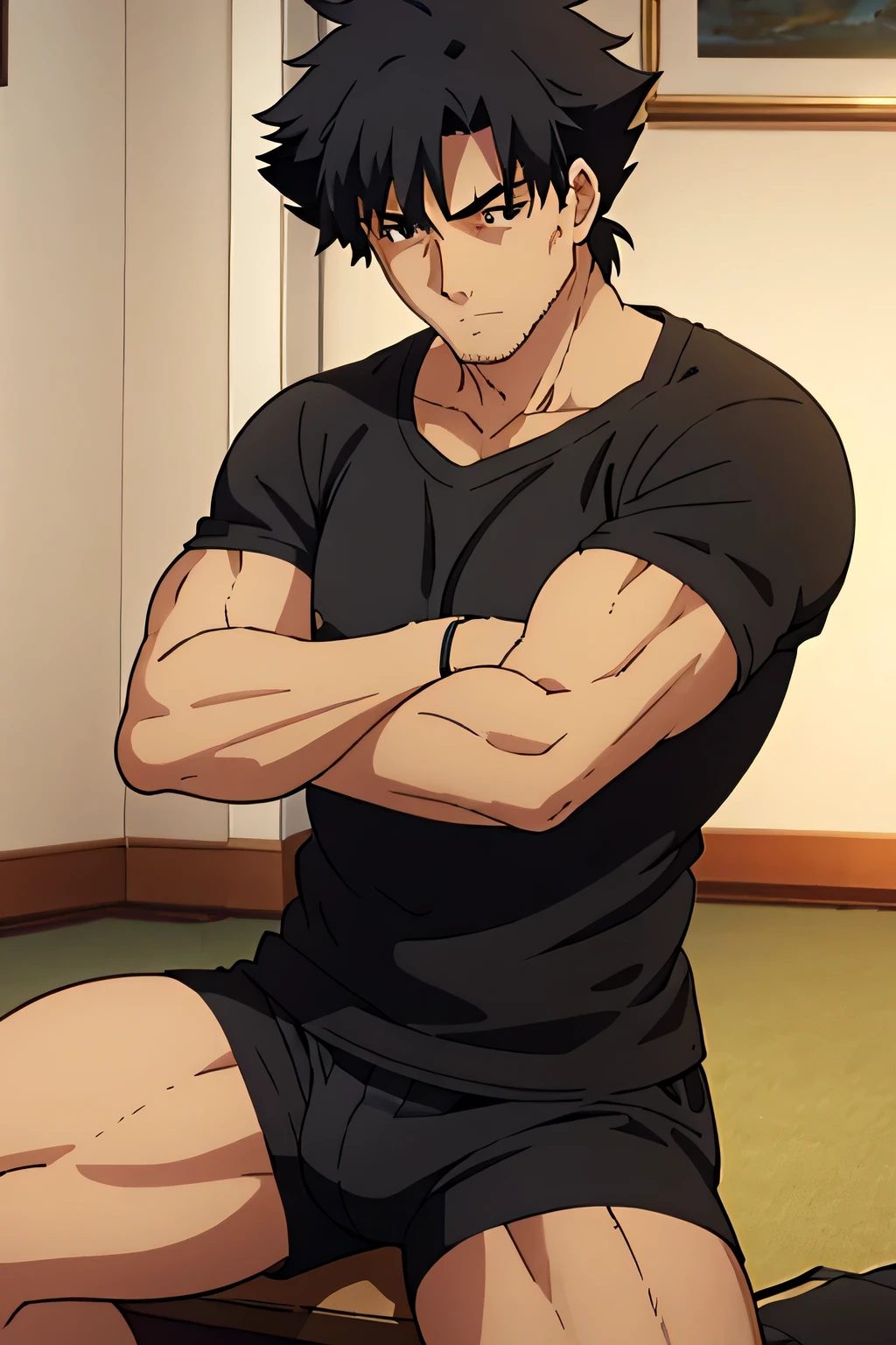 Kiritsugu is sitting and flexing his buff biceps and thighs. He wears black short boxershorts. You can see his thighs. He wears a black tshirt with short sleeves. His right sleeve is completely rolled up so you can see his entire arm and shoulder. He is showing his abs too. He is admiring his arms.