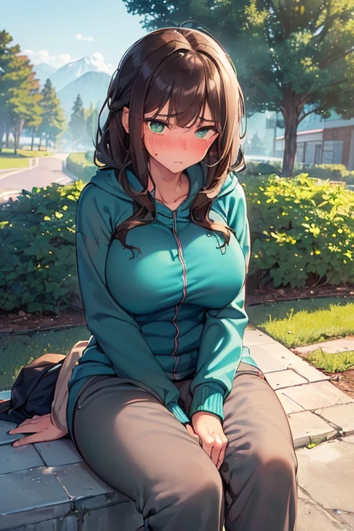 (((slightly big breasts))), ((best quality)), ((masterpiece)), (detailed), (((perfect face))), (((slender 16yo teen girl wearing teal zip hoodie))), (((gray sweatpants))), ((brunette, dark brown hair)), ((wavy hair)), (((green eyes))), ((shy:1.3)), ((blushing:1.5)), ((perfect hips)), (((outside next to a tree))), ((((girl looking away)))), (((sitting on ground with knees to chest)))