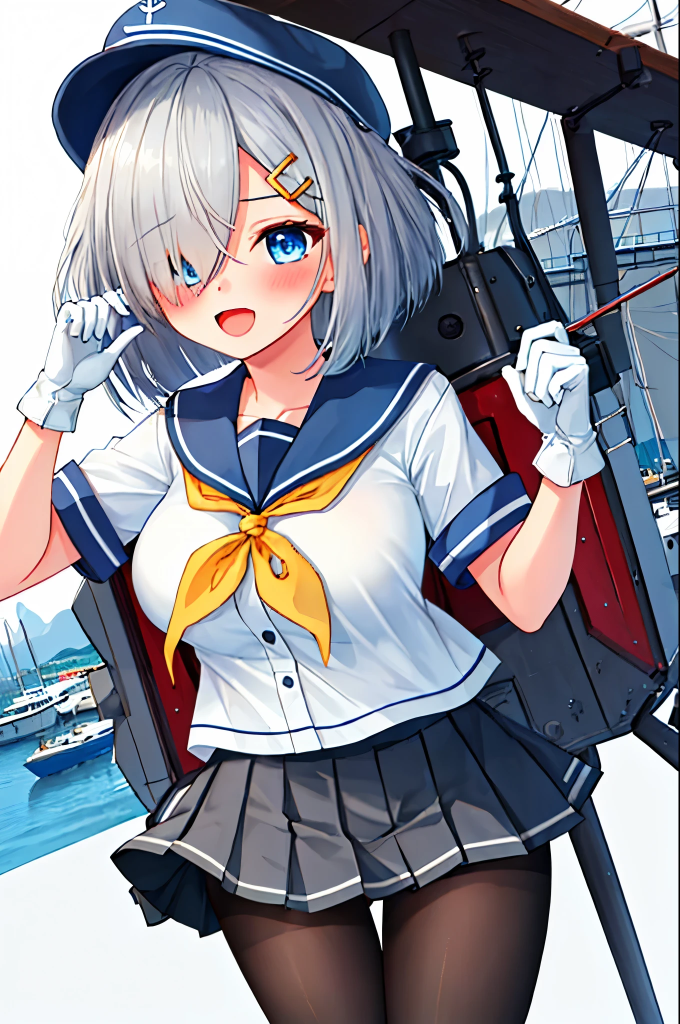 best quality, masterpiece, highres, solo, {hamakaze_kantaicollection:0.90}, 1girl, ,younger_teenck_pantyhose, pleated_skirt, serafuku, short_sleeves, simple_background, white_background, yellow_neckerchief, white_gloves, looking_at_viewer, grey_skirt, blush, eyes_visible_through_hair, blue_sailor_collar, dynamic_posing,long_bangs,hair_over_one_eye,harbor_school_background,outdoor,large_breasts,onigiri,riceball,girl_eating_riceball,happy,open_mouth,grab_a_riceball